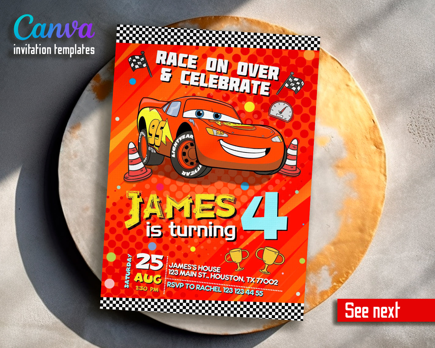 Cars Lighting McQueen customizable invite template instant download