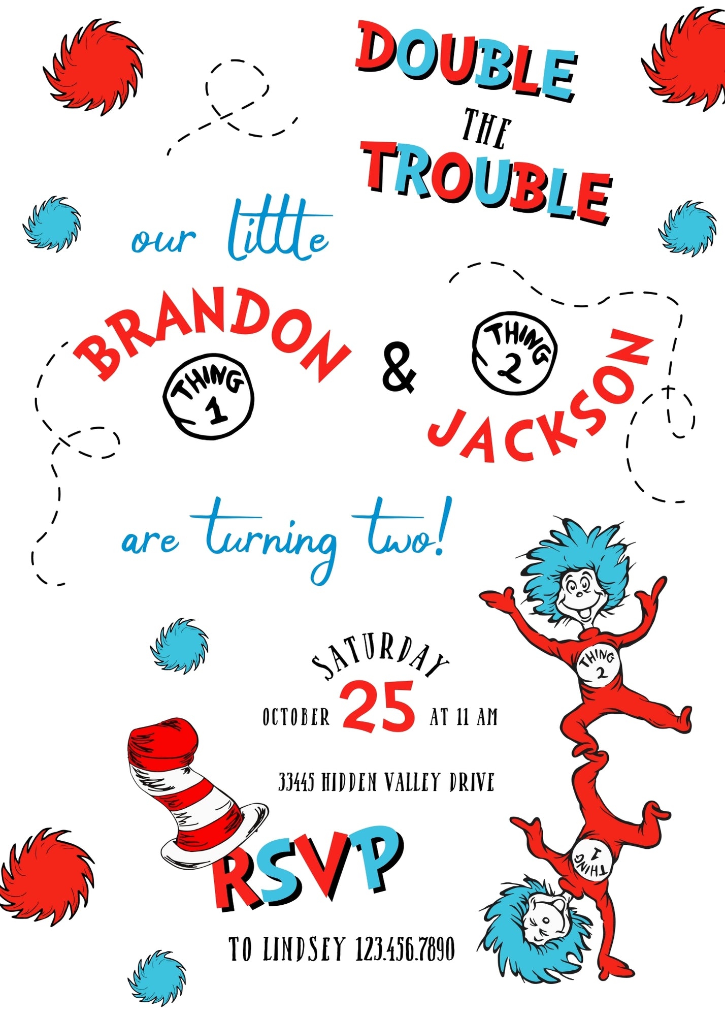 Dr Seuss The Cat in the Hat Twins customizable invitation template | Share or Print | | KK623