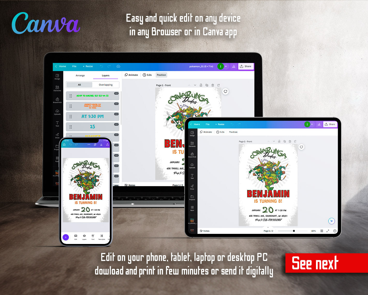 Teenage Mutant Ninja Turtles customizable invitation template | Share or Print | boy | DX658