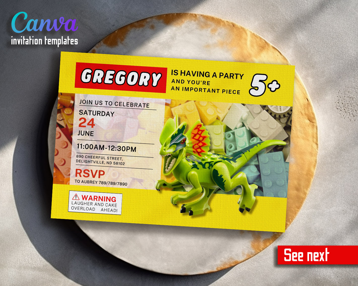 Lego Dinosaur T-Rex customizable invitation template | Share or Print | | EJ782