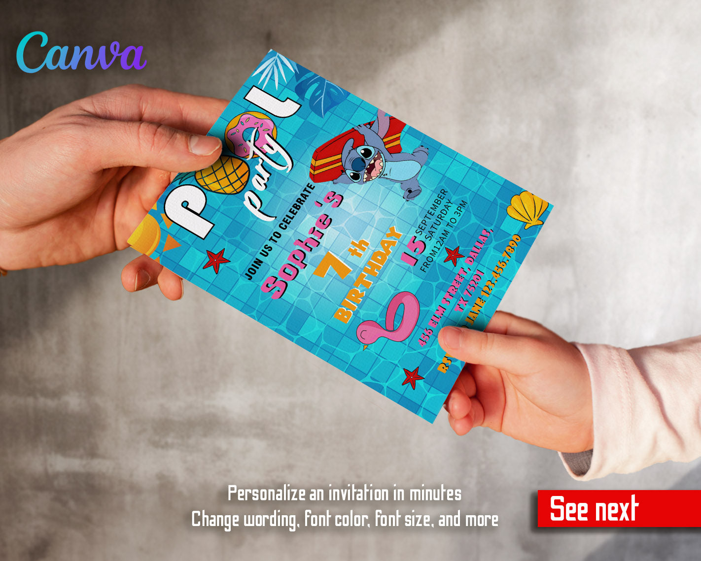 Lilo & Stitch Pool customizable invitation template | Share or Print | | WE384