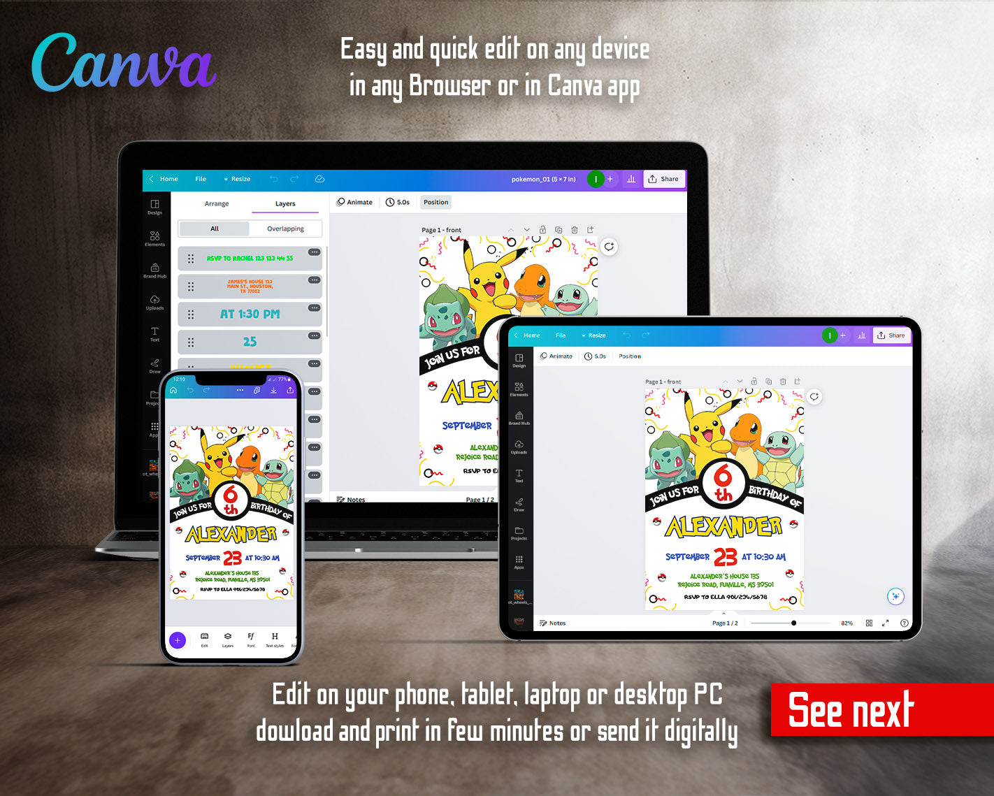 Pokemon Pikachu customizable invitation template | Share or Print | | EK451