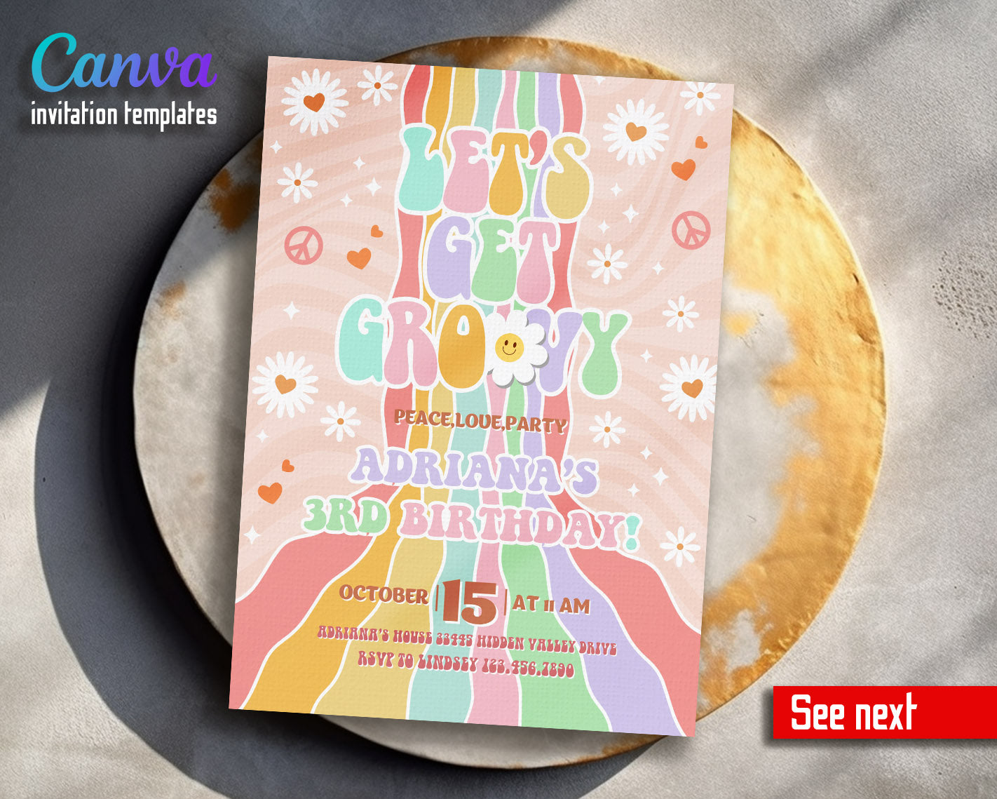 Groovy Daisy Hippie customizable invitation template | Share or Print | | HQ775