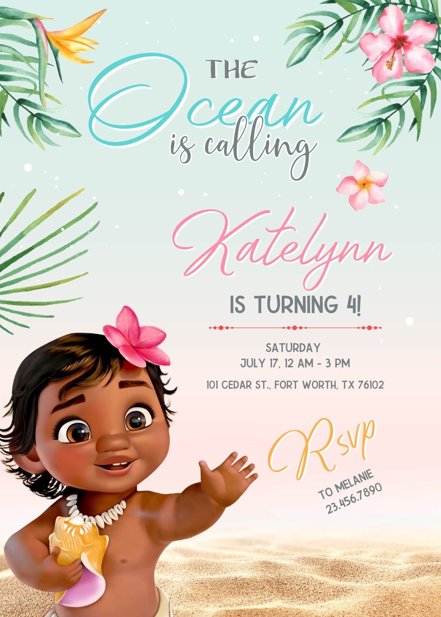 Moana Princess customizable invitation template | Share or Print | girl | DW291