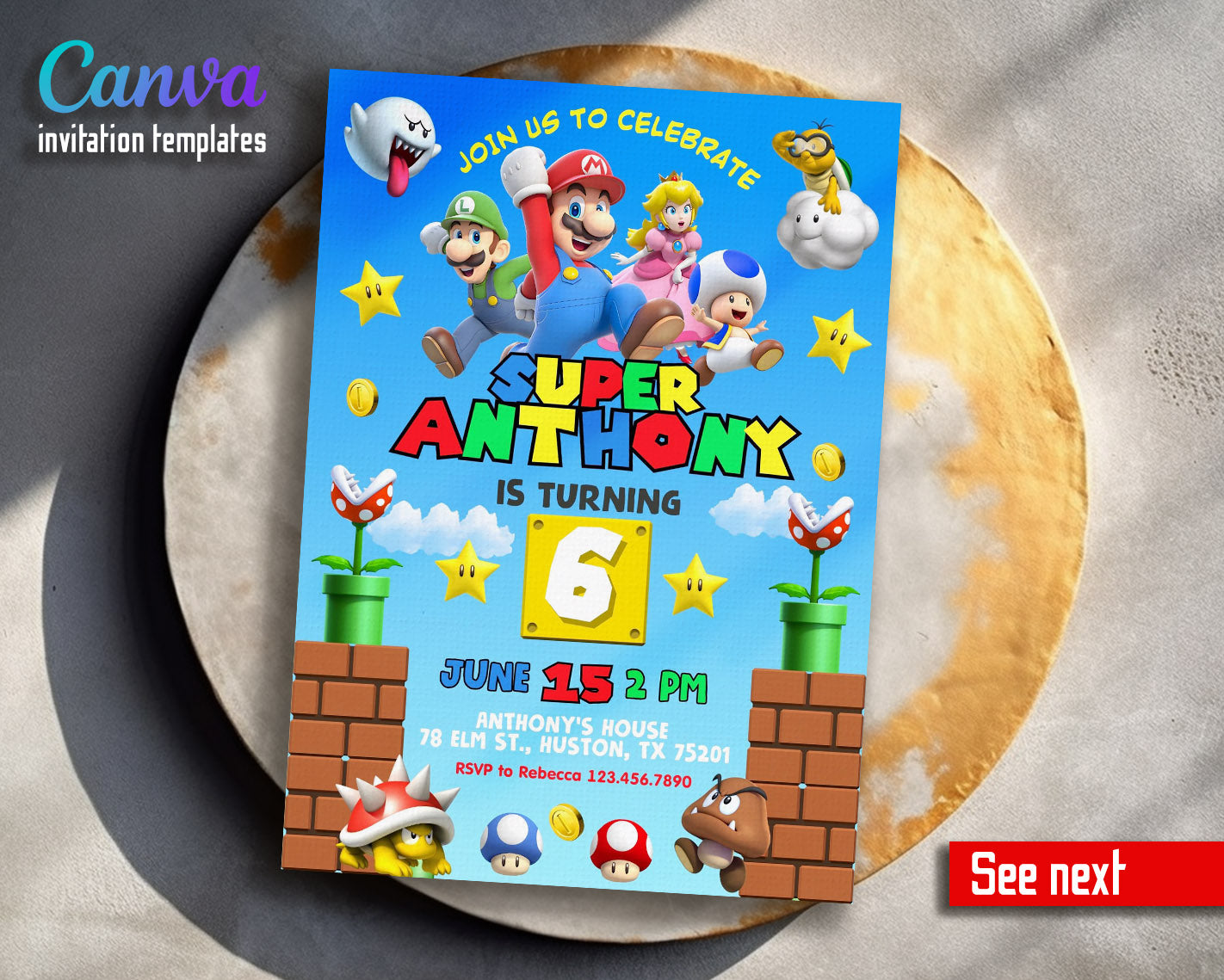 Super Mario Bros customizable invitation template | Share or Print | | FU845