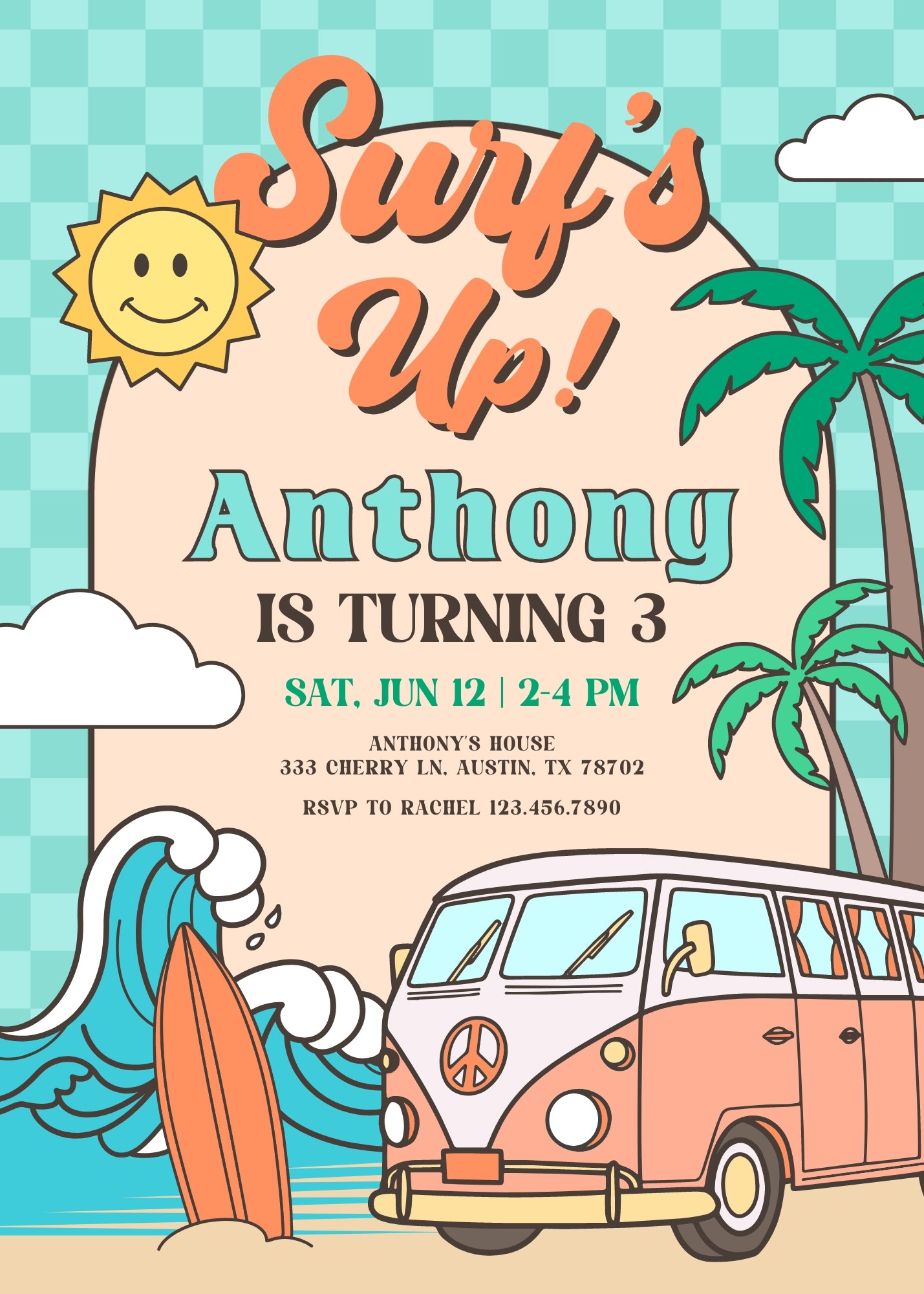 Groovy Surfvan Surfing customizable invitation template | Share or Print | | BK592