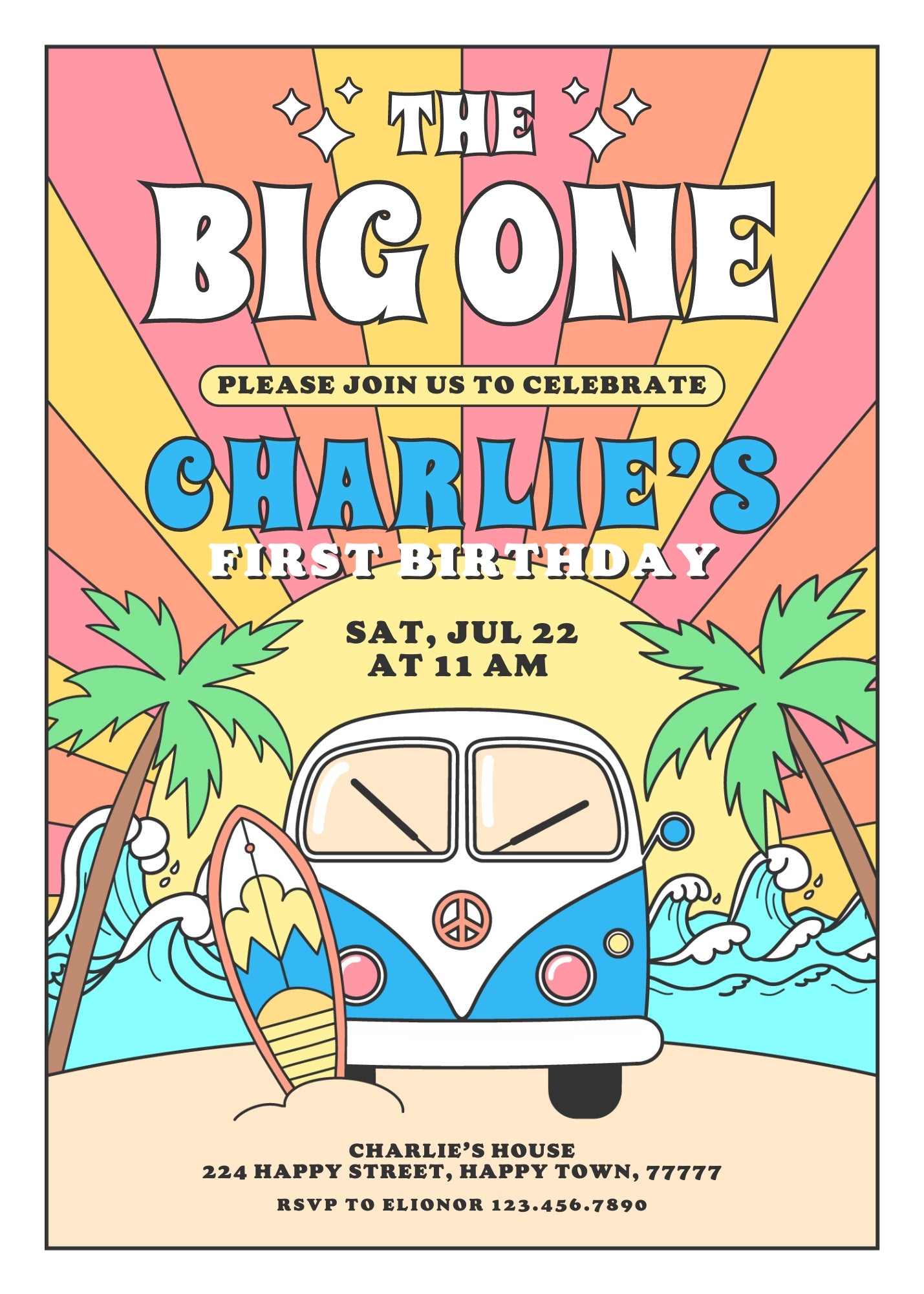 Groovy 1st Surfvan Surfing customizable invitation template | Share or Print | | WJ203