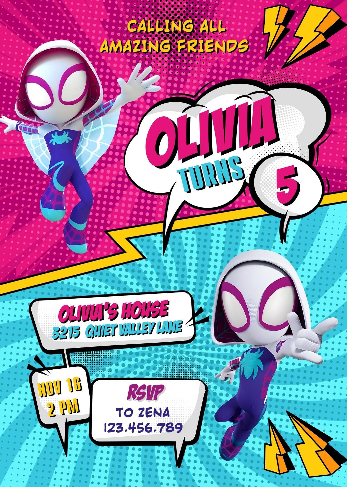 Spider Gwen Ghost Spidey customizable invitation template | Share or Print | girl | OK446