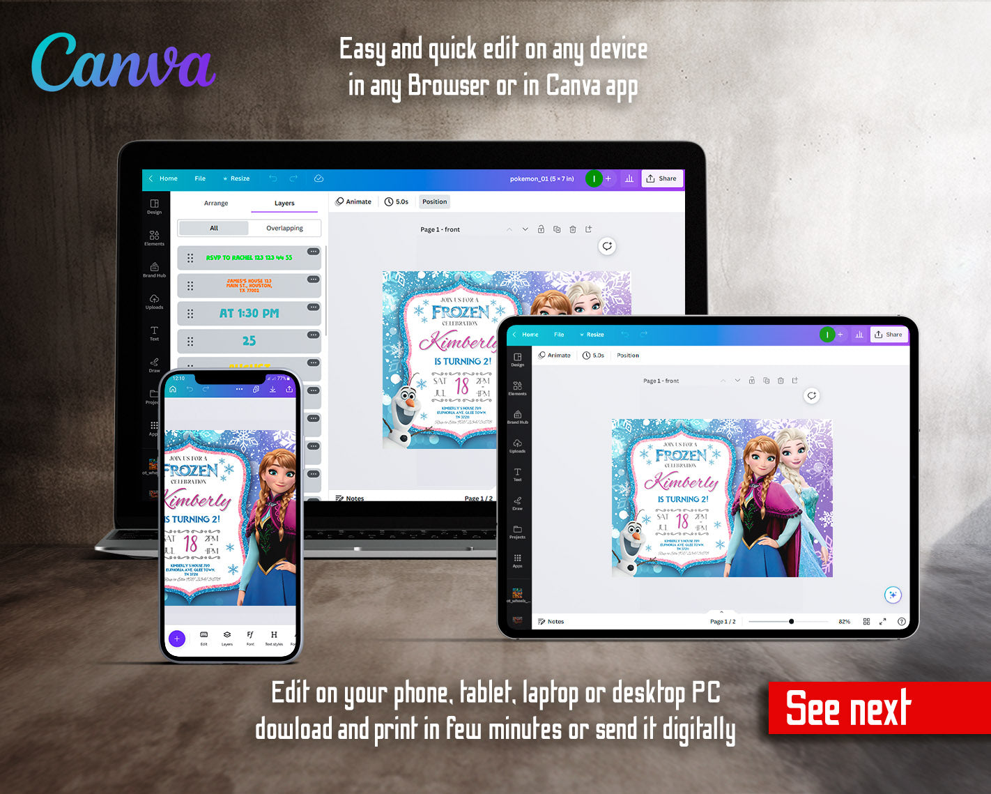 Frozen Elsa customizable invitation template | Share or Print | girl | TR144