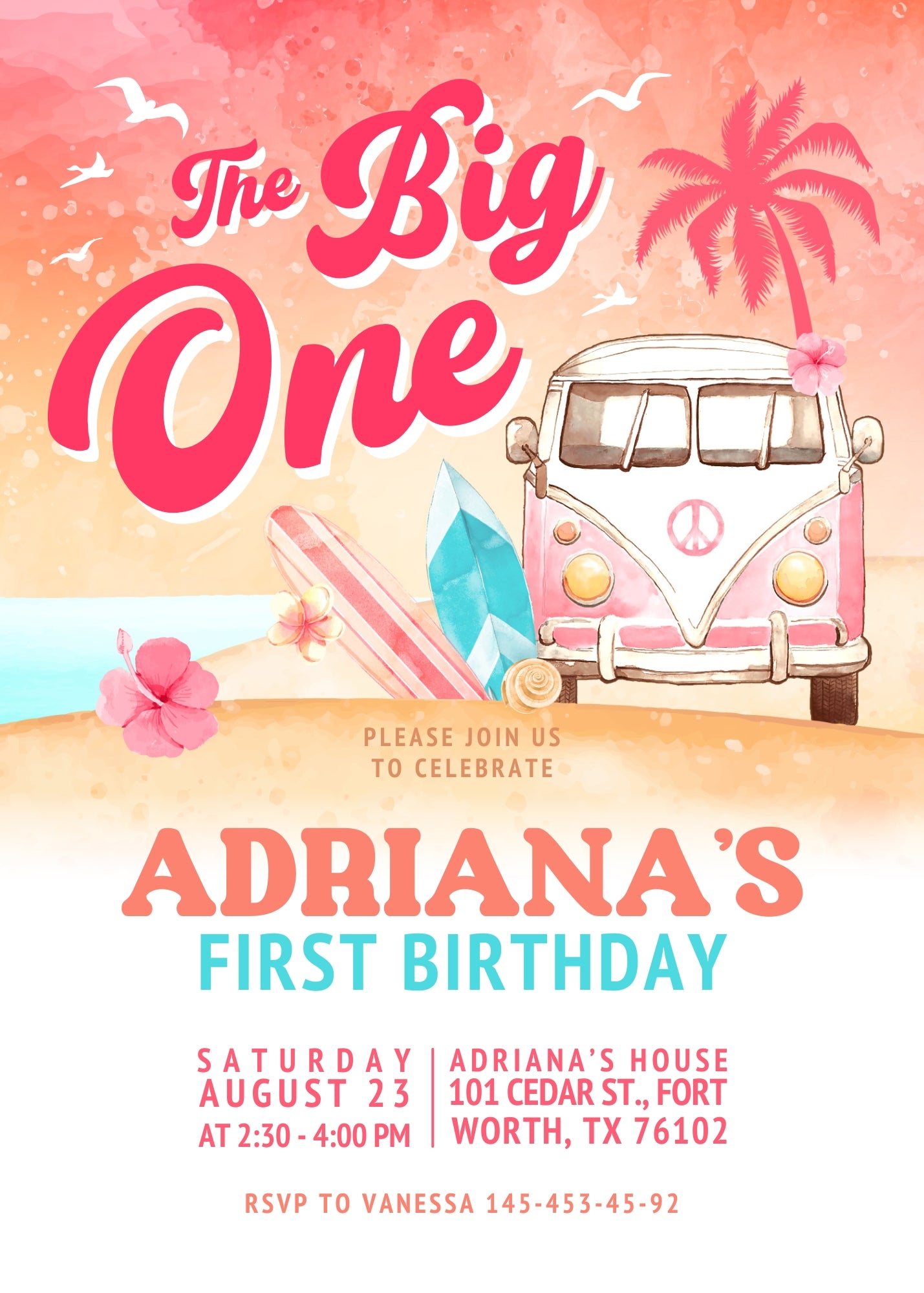 Groovy 1st Surfvan Surfing customizable invitation template | Share or Print | | KA666