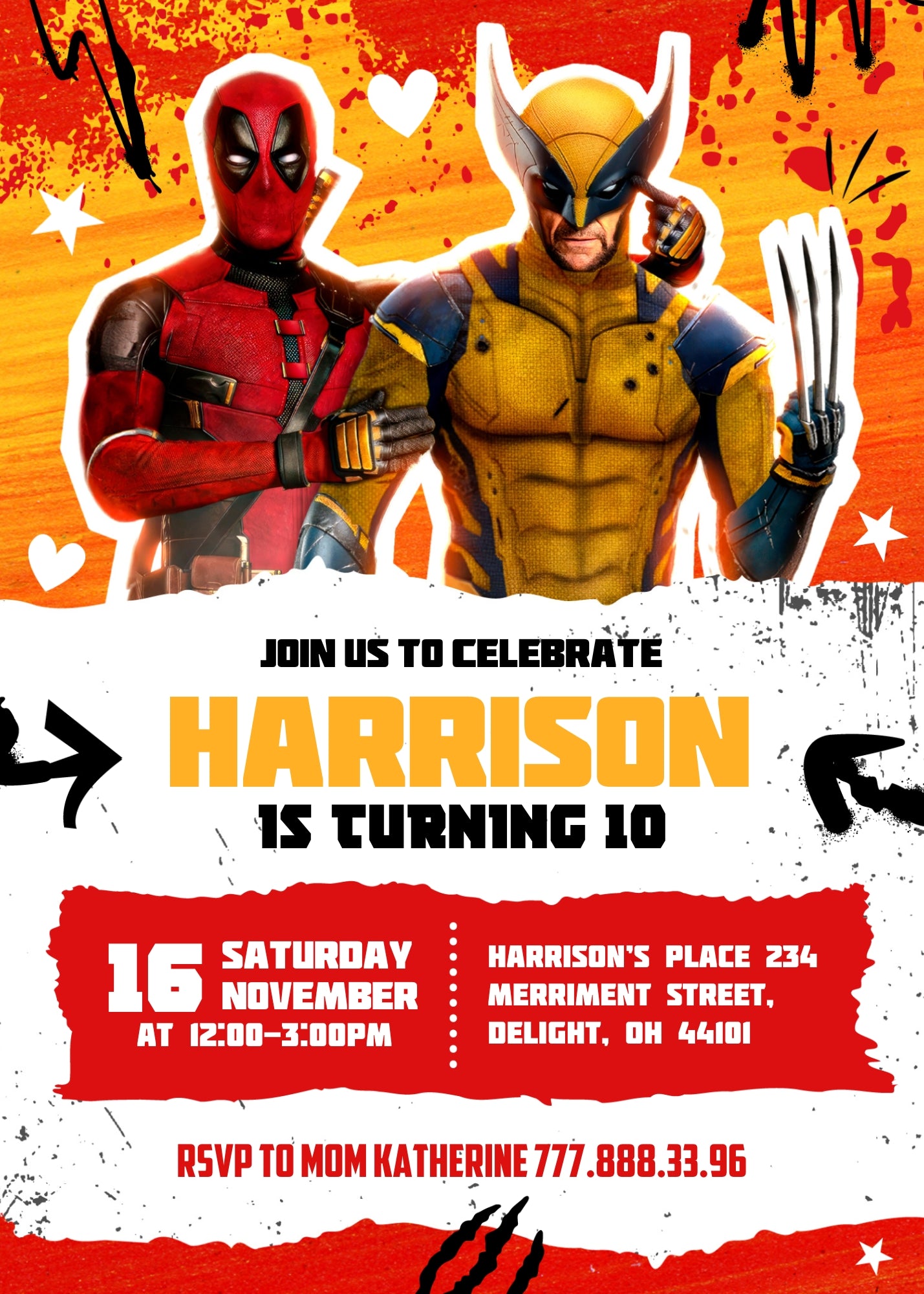 Deadpool Wolverine Marvel customizable invitation template | Share or Print | boy | PZ357