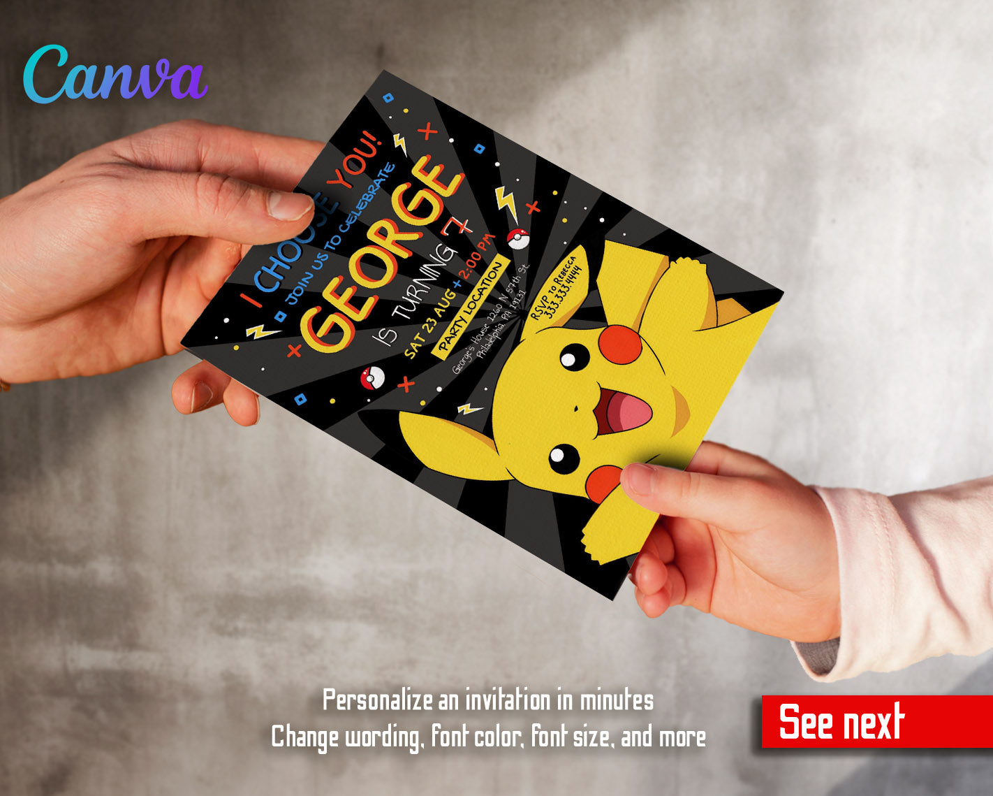 Pokemon Pikachu customizable invitation template | Share or Print | | PI640