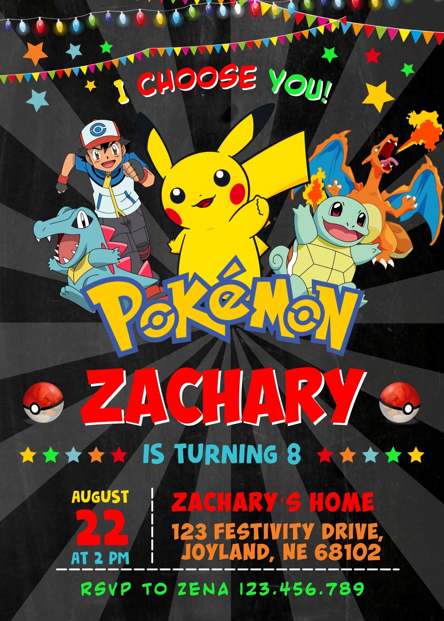 Pokemon Pikachu customizable invitation template | Share or Print | | XA280