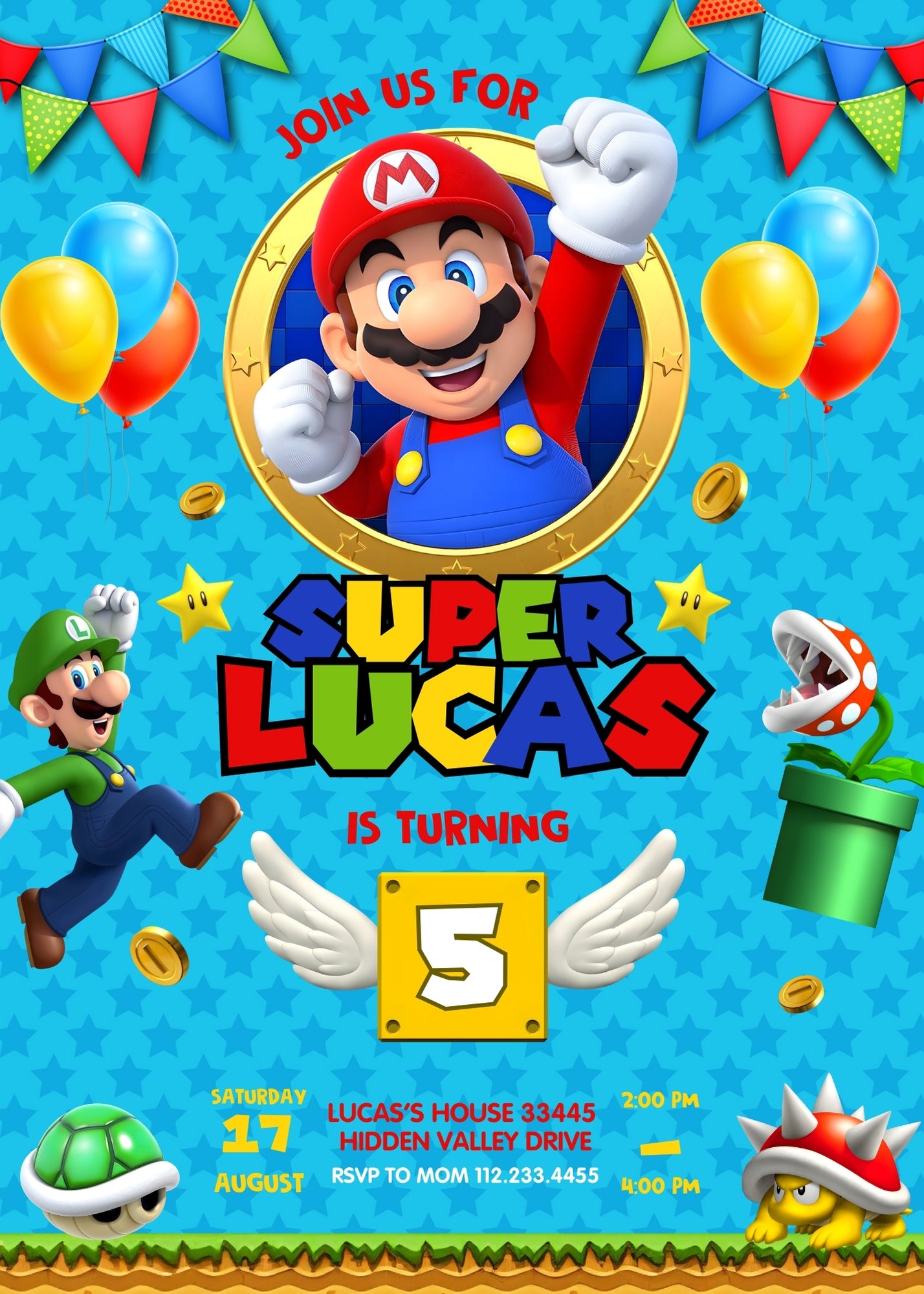 Super Mario Bros customizable invitation template | Share or Print | | UZ171