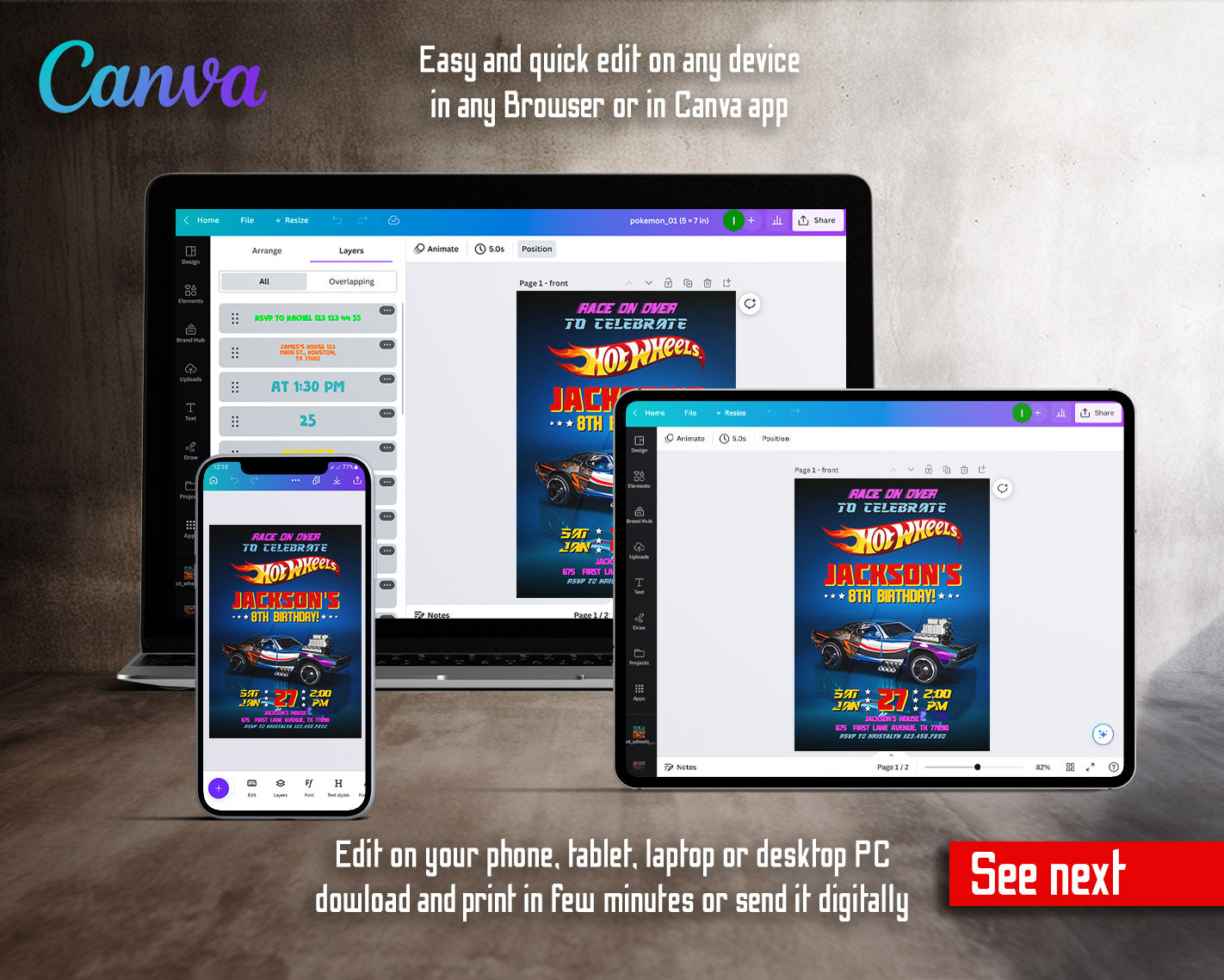 Hot Wheels Racing customizable invitation template | Share or Print | boy | IM402