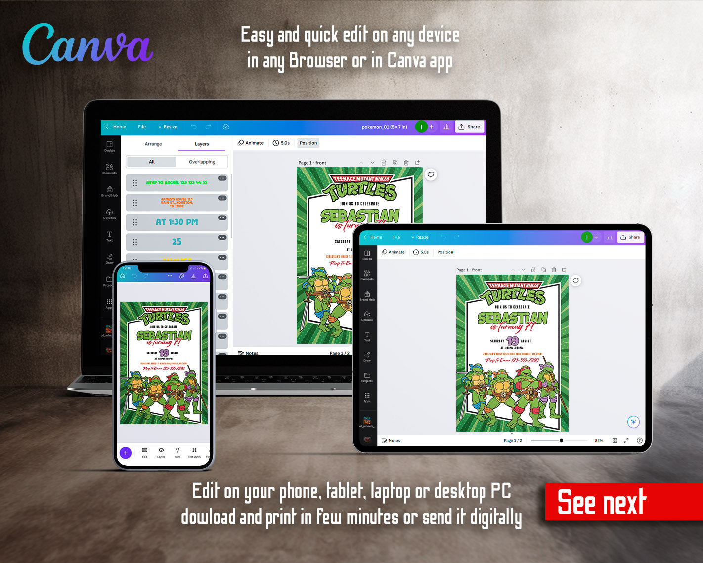 Teenage Mutant Ninja Turtles customizable invitation template | Share or Print | boy | BS988