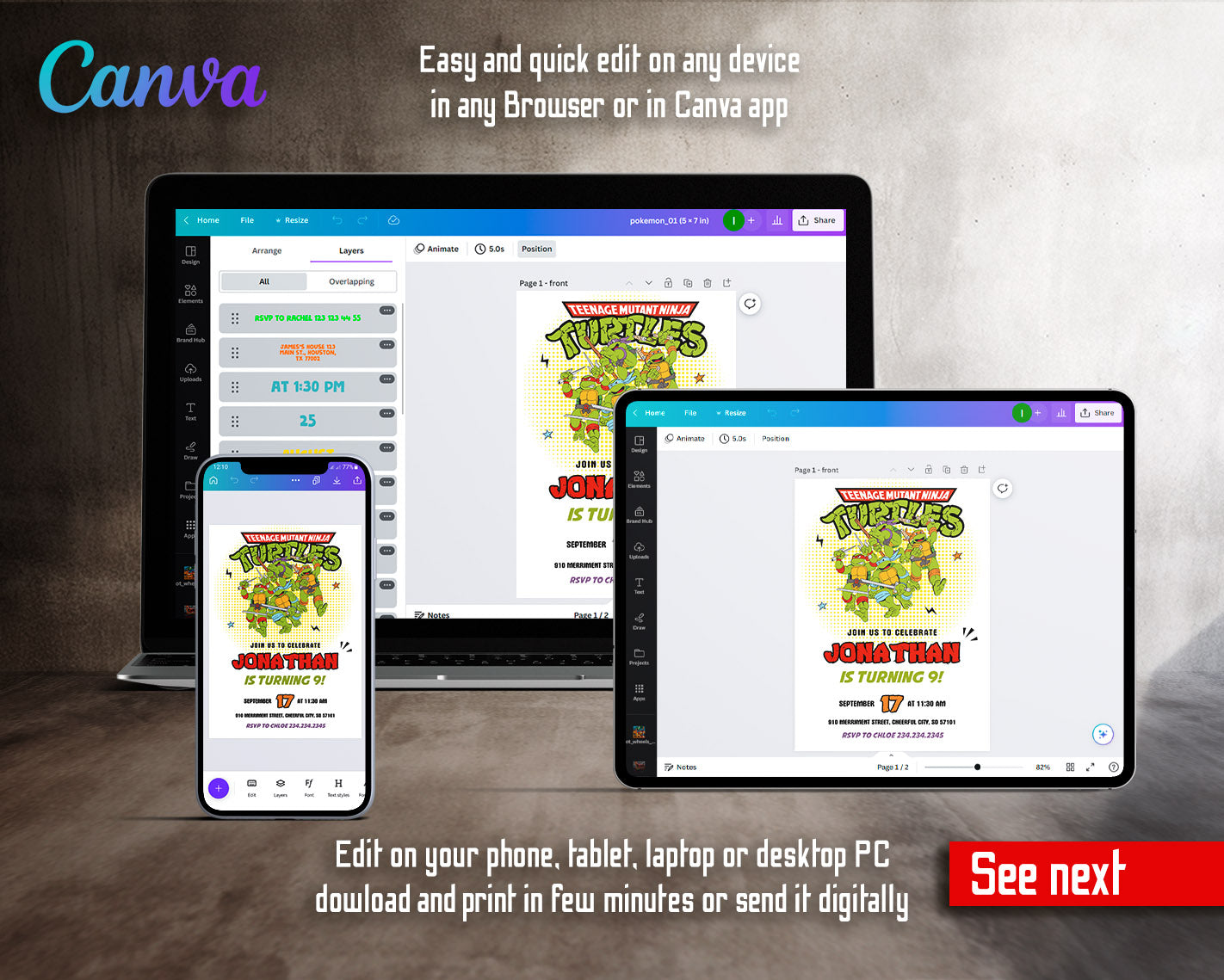 Teenage Mutant Ninja Turtles customizable invitation template | Share or Print | boy | DH359