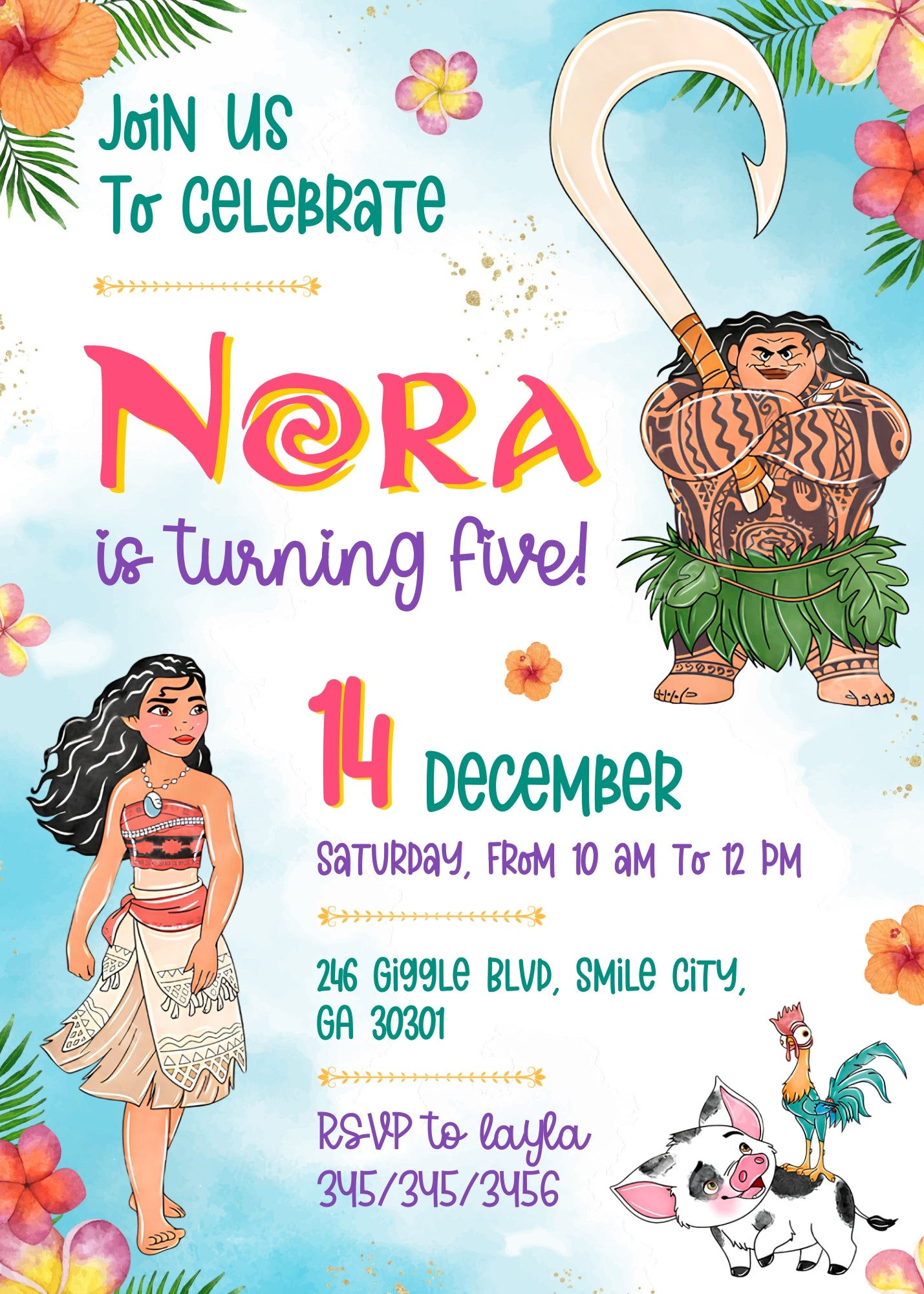 Moana Princess customizable invitation template | Share or Print | girl | KN544