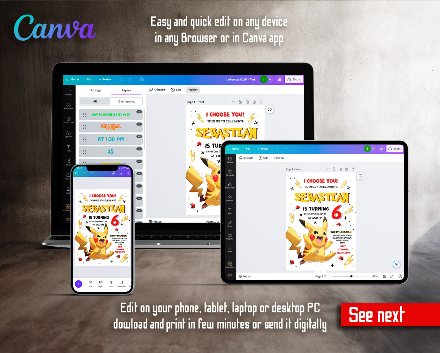 Pokemon Pikachu customizable invitation template | Share or Print | | MJ947