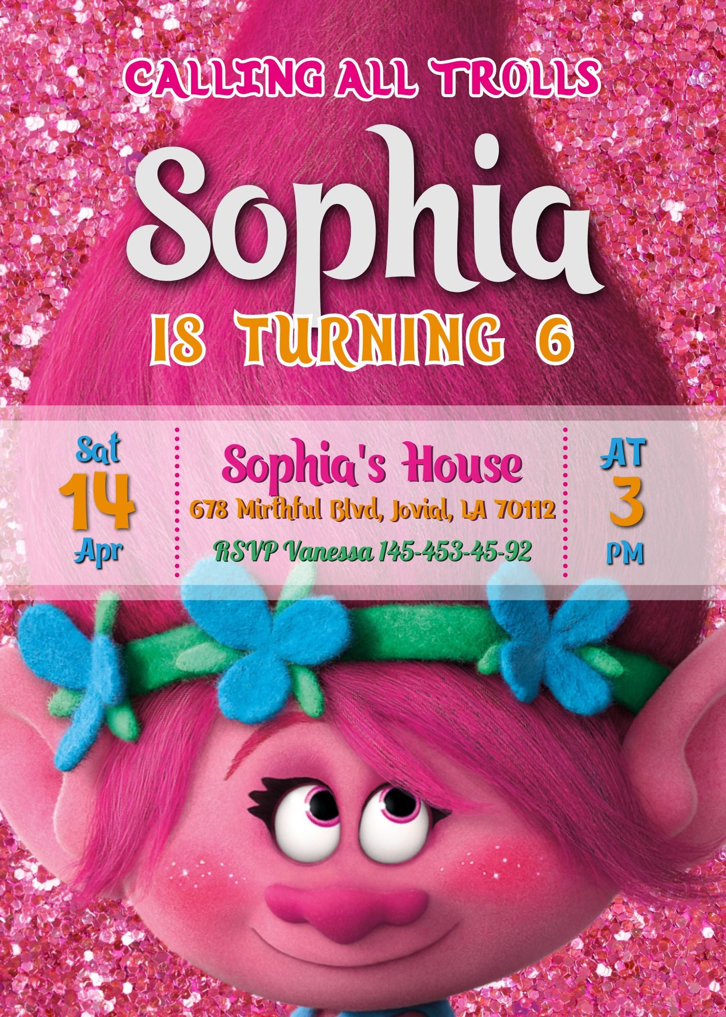 Trolls Poppy customizable invitation template | Share or Print | | YD328