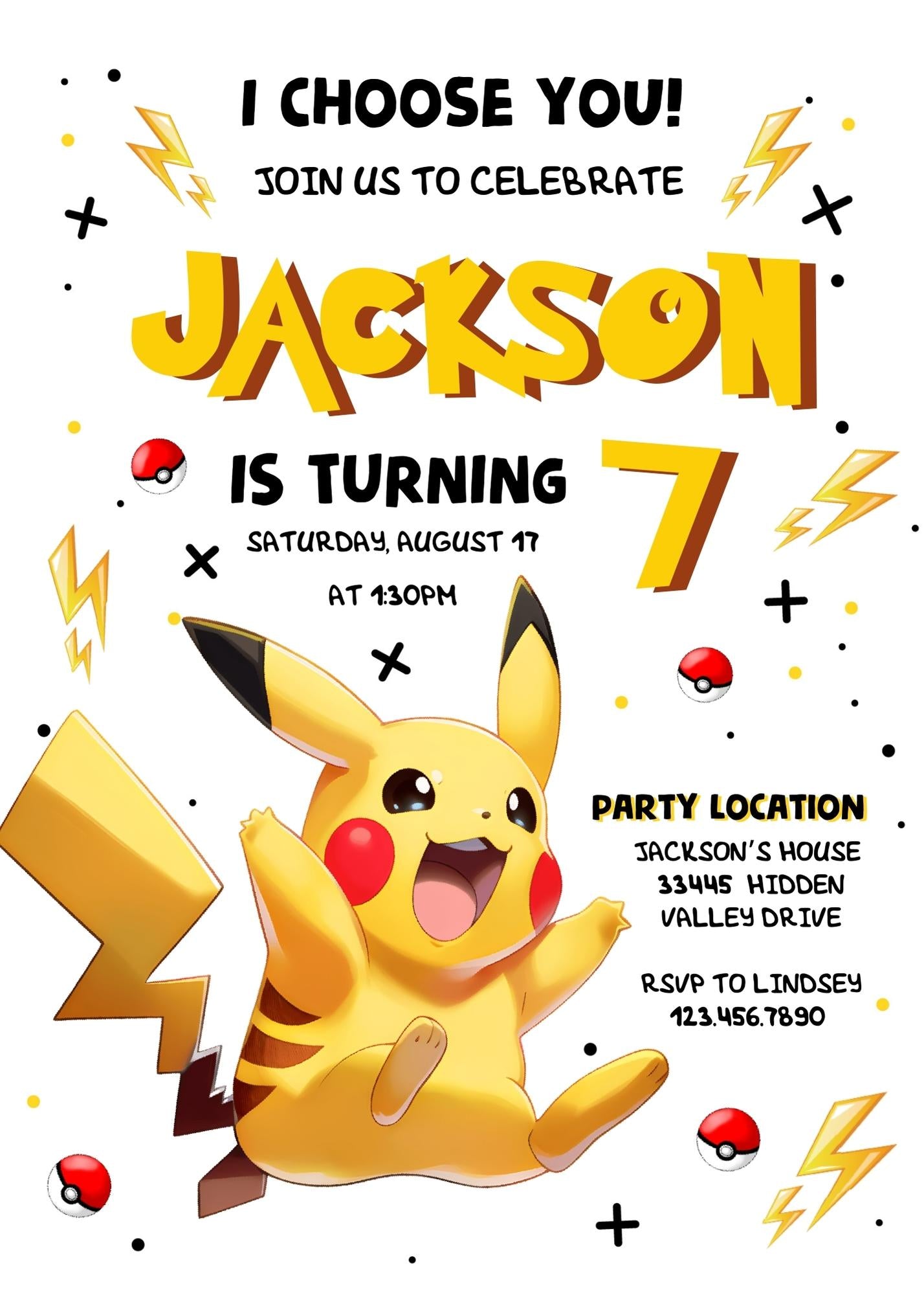 Pokemon Pikachu customizable invitation template | Share or Print | | PZ176