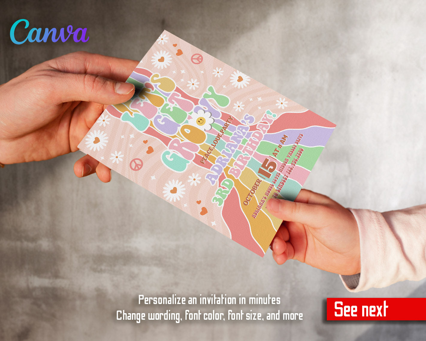 Groovy Daisy Hippie customizable invitation template | Share or Print | | HQ775