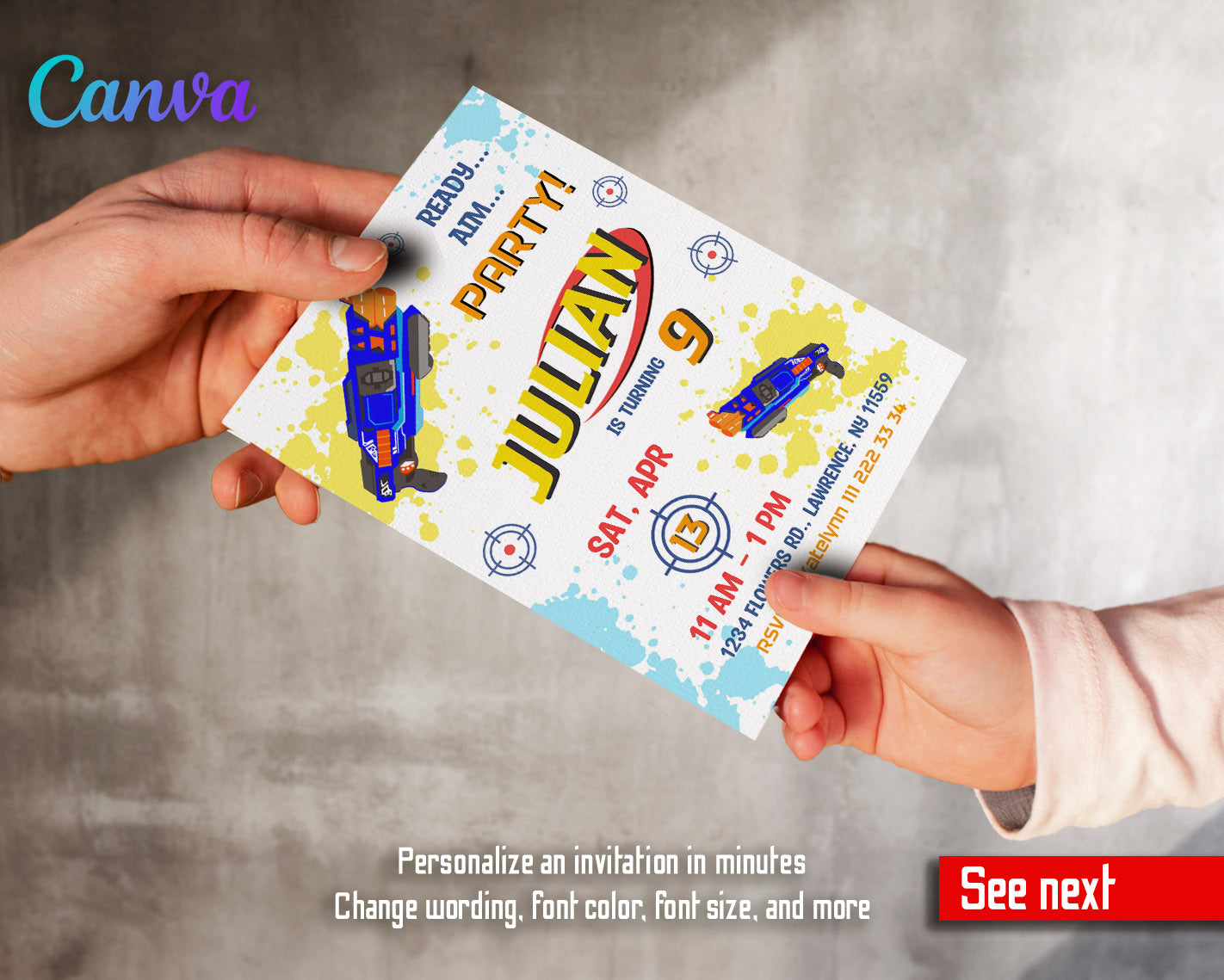 NERF Dart Wars customizable invitation template | Share or Print | boy | PQ711