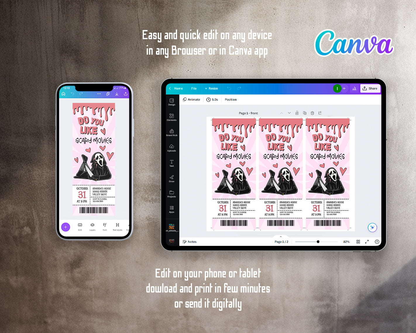 Horror Killer Movie Party Ticket customizable invitation template | Share or Print | | KH031