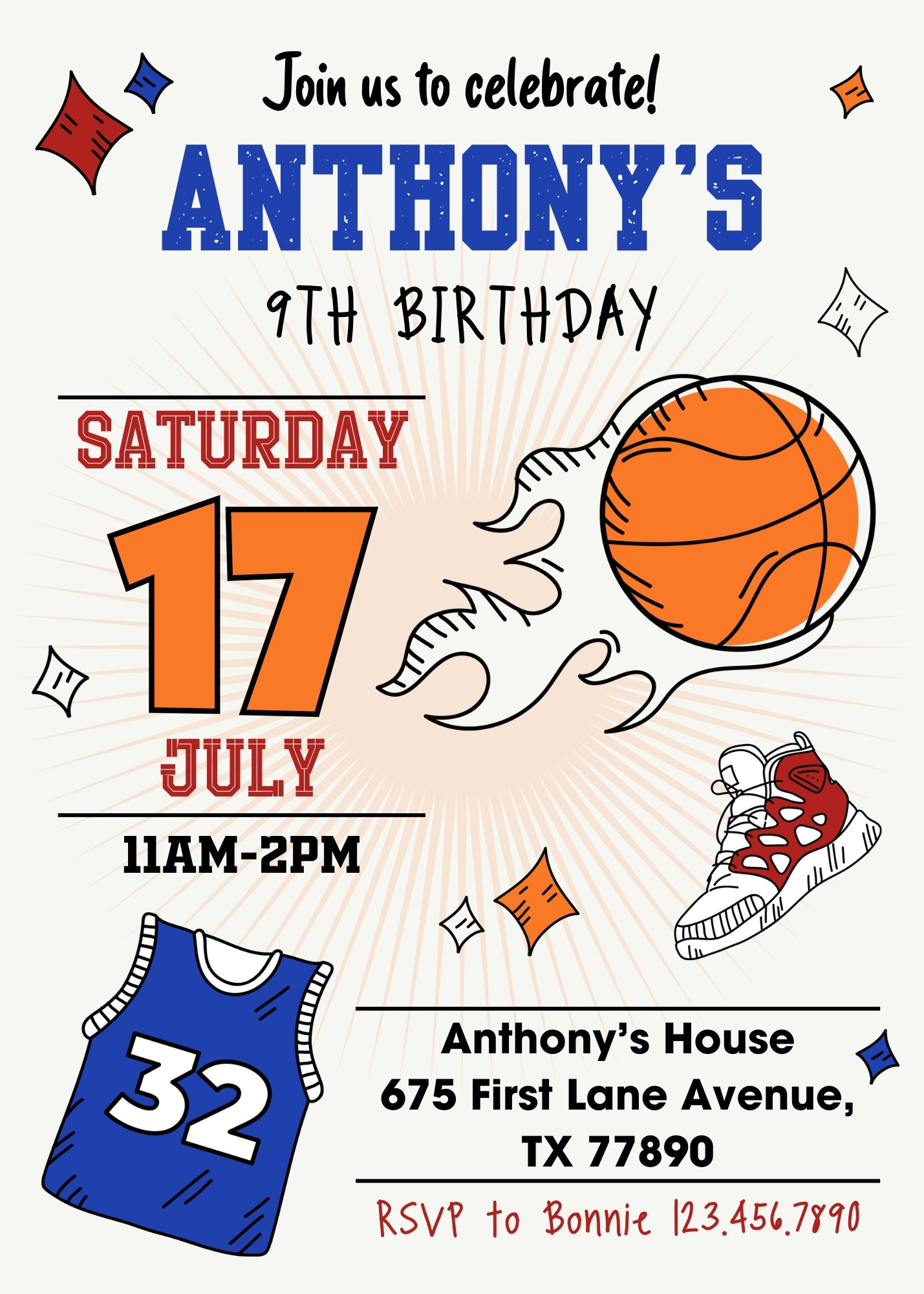 Basketball NBA Slam Dunk customizable invitation template | Share or Print | boy | TH175