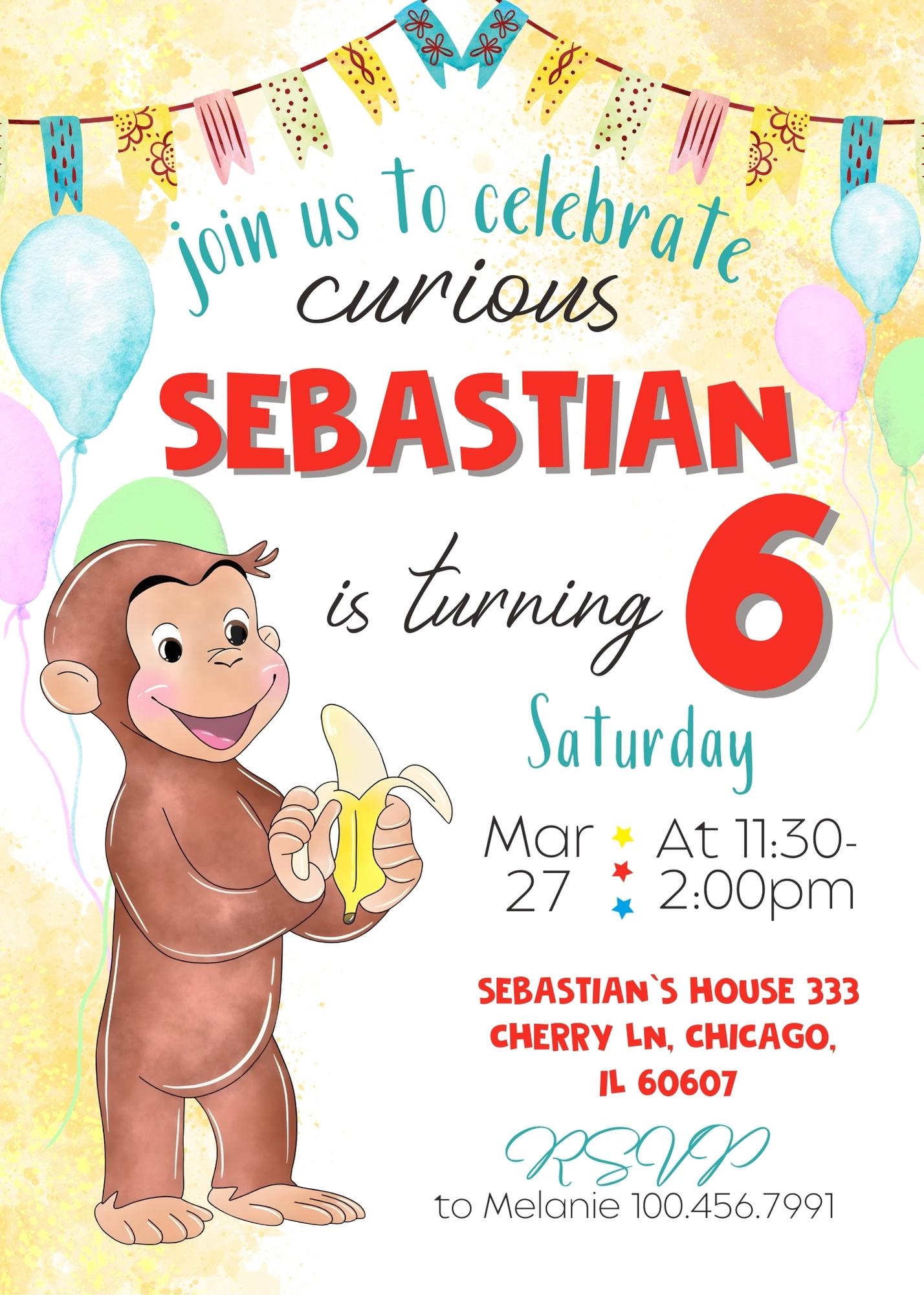 Curious George Monkey customizable invitation template | Share or Print | | CC988