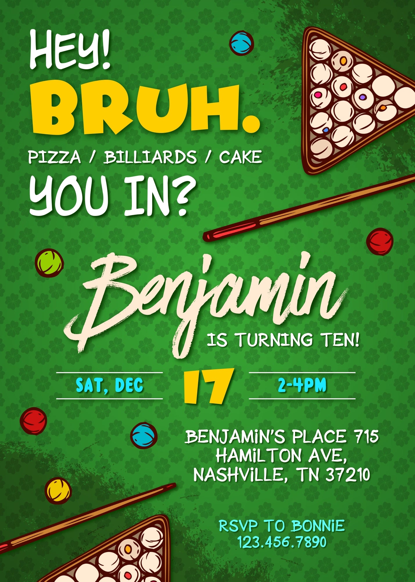 Bruh Billiard customizable invitation template | Share or Print | boy | RB906
