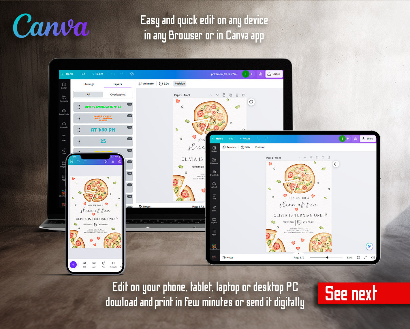 Pizza 1st Party customizable invitation template | Share or Print | | UJ513