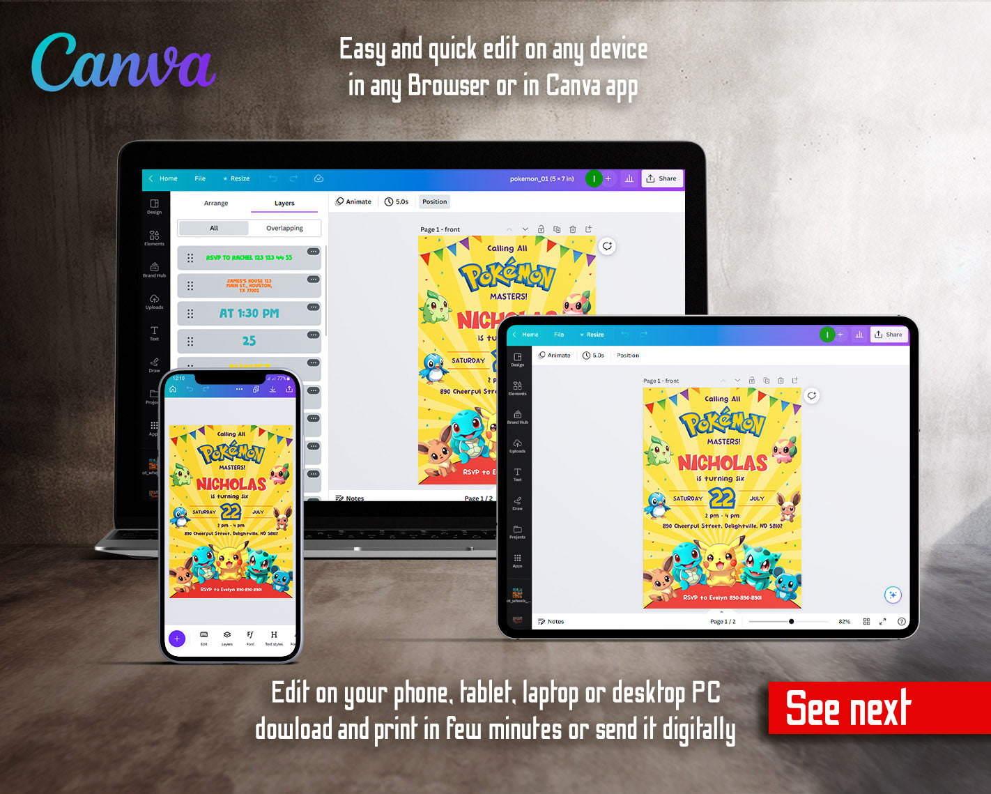 Pokemon Pikachu customizable invitation template | Share or Print | | NF760