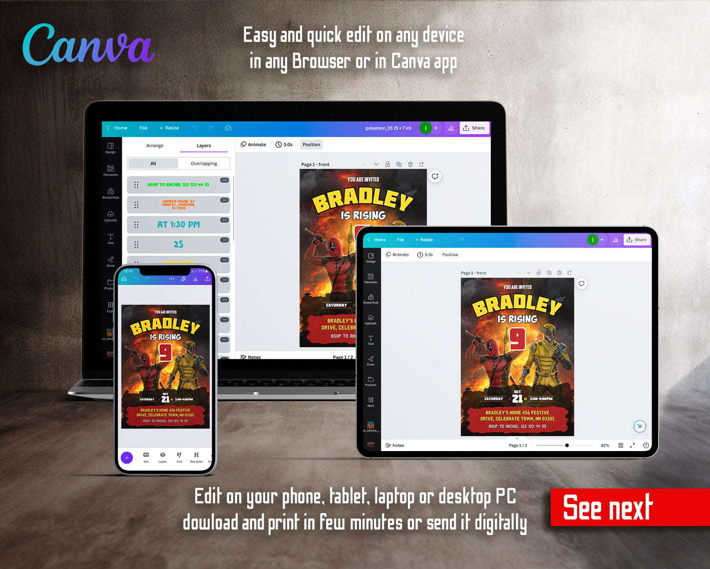 Deadpool Wolverine Marvel customizable invitation template | Share or Print | boy | DF293