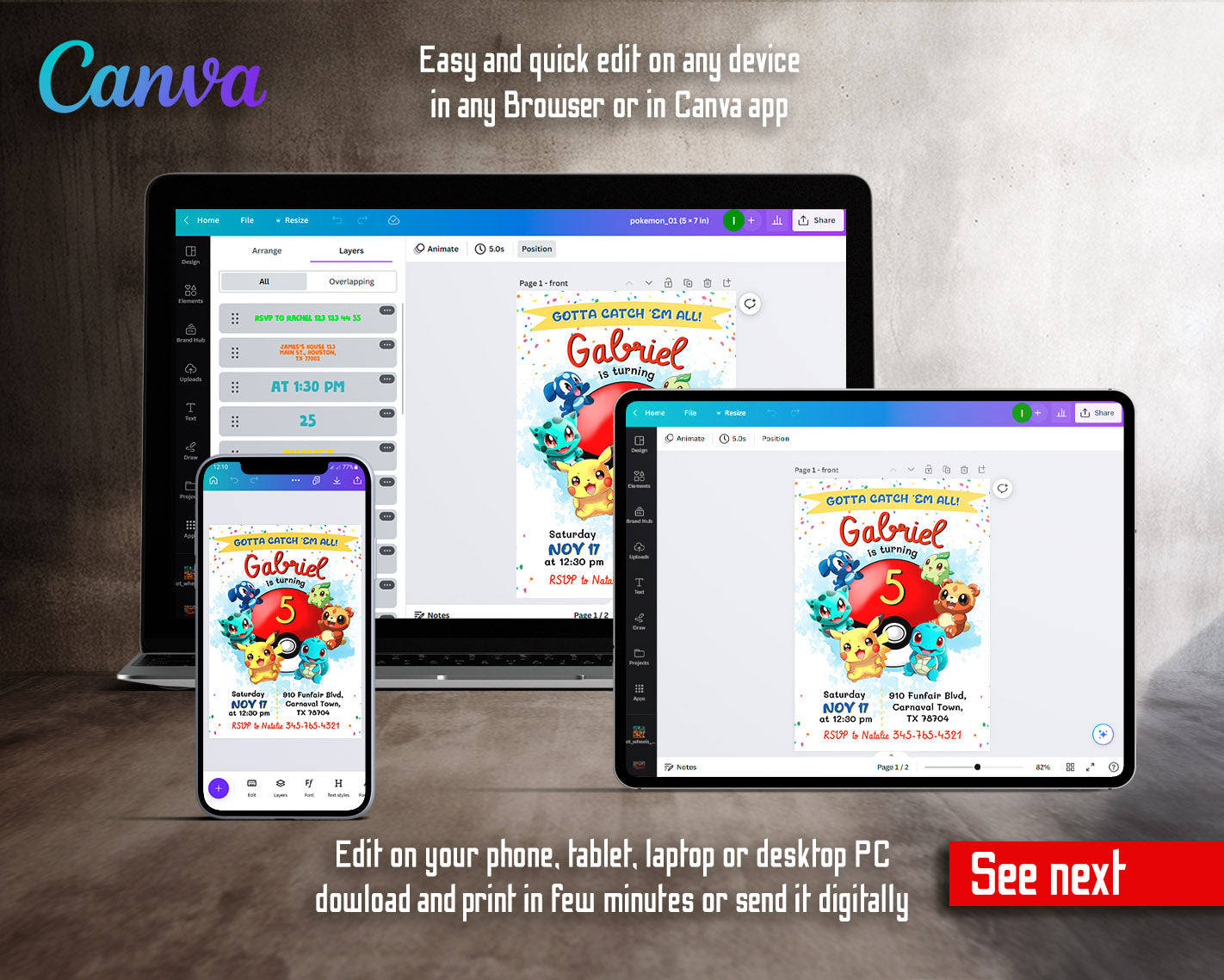 Pokemon Pikachu customizable invitation template | Share or Print | | OA306
