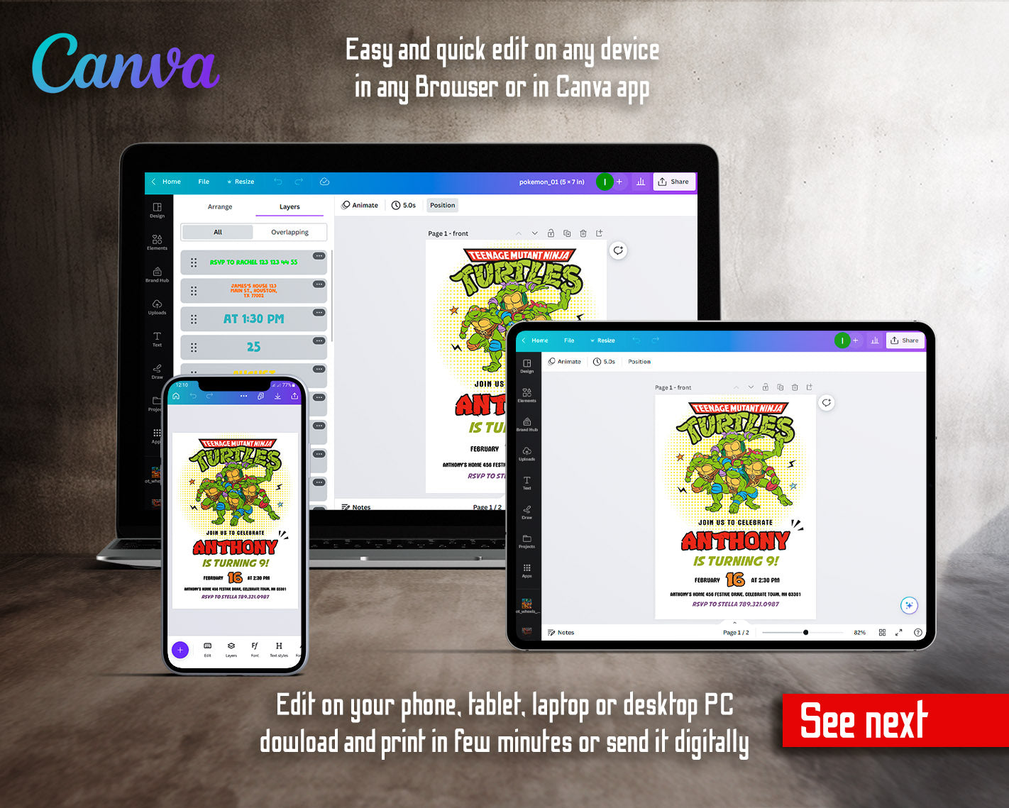 Teenage Mutant Ninja Turtles customizable invitation template | Share or Print | boy | YZ655
