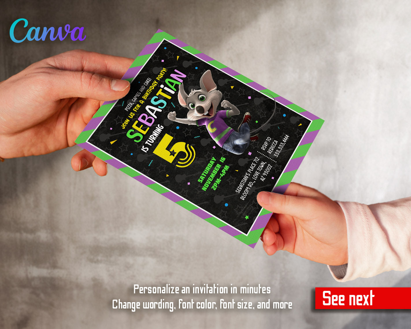 Chuck E. Cheese customizable invitation template | Share or Print | | KS720