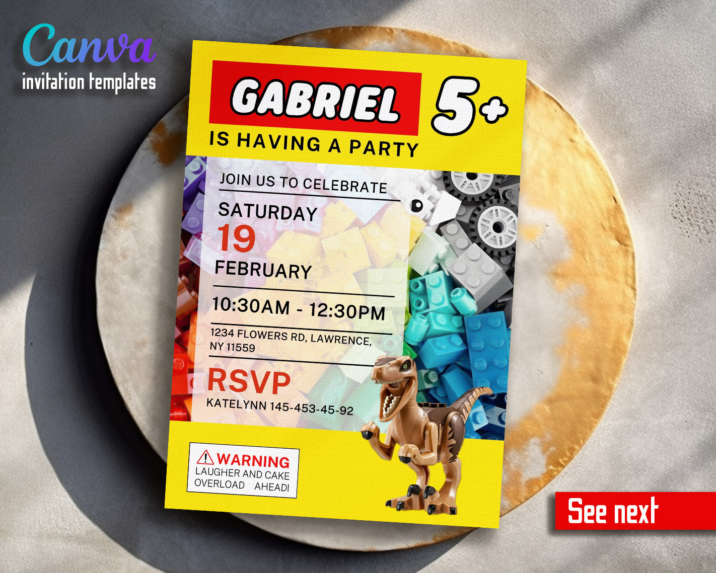 Lego Dinosaur T-Rex customizable invitation template | Share or Print | | WY285
