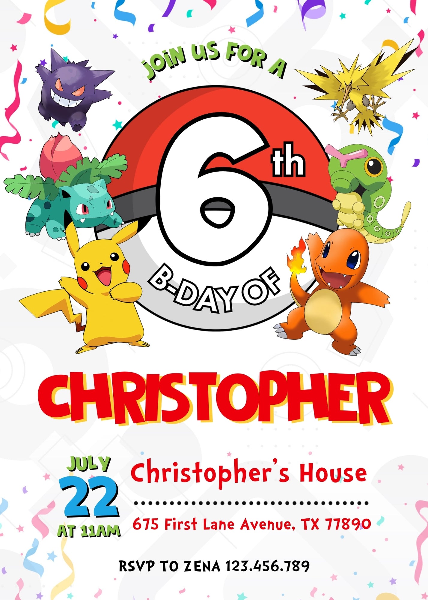 Pokemon Pikachu customizable invitation template | Share or Print | | EL416
