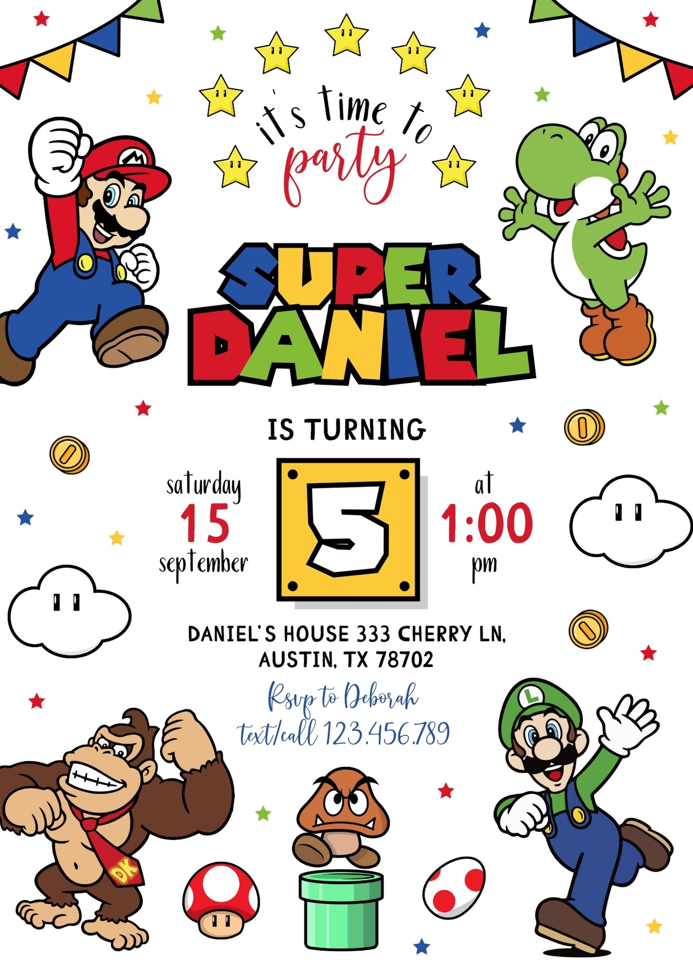 Super Mario Bros customizable invitation template | Share or Print | | OY487