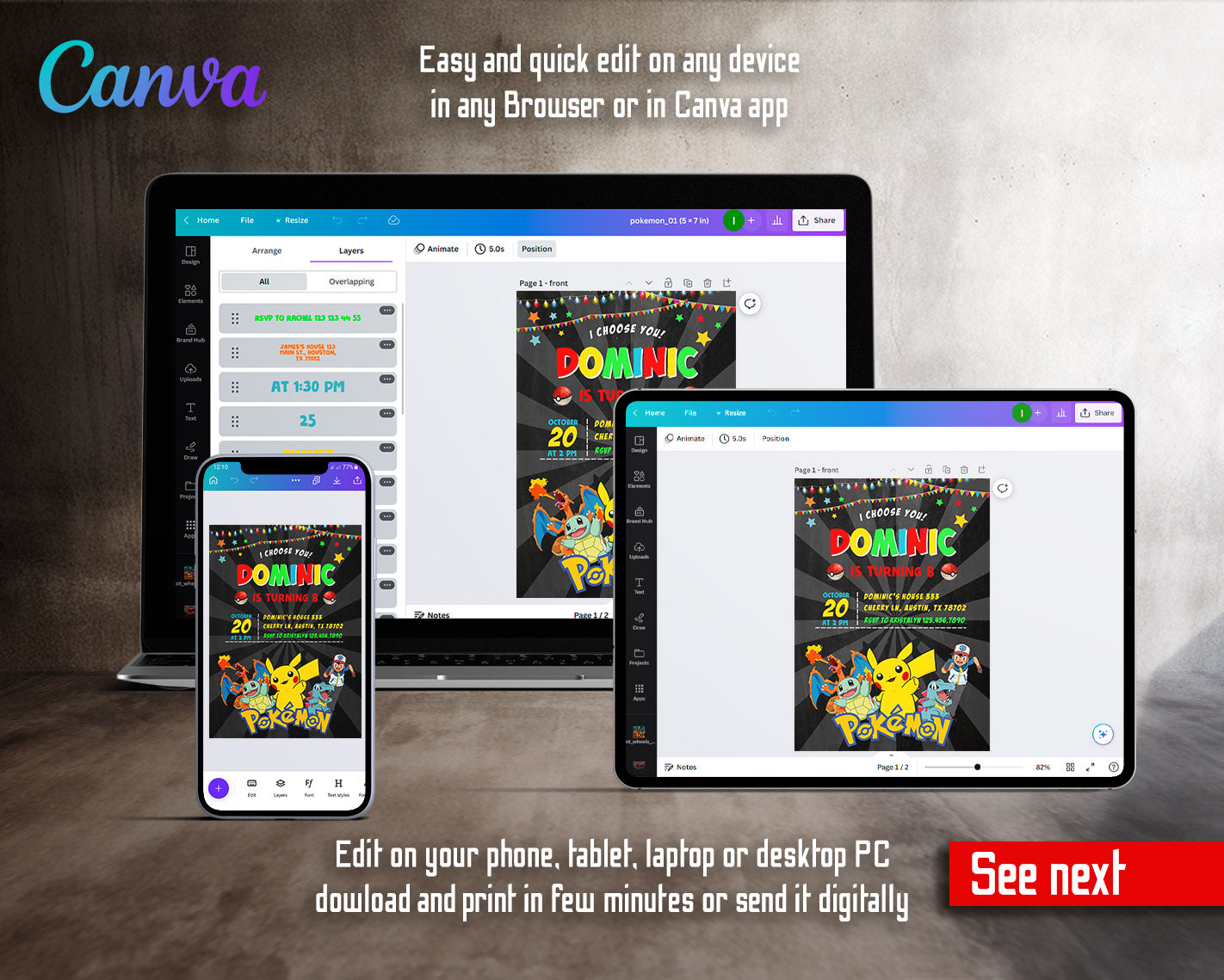 Pokemon Pikachu customizable invitation template | Share or Print | | WA232