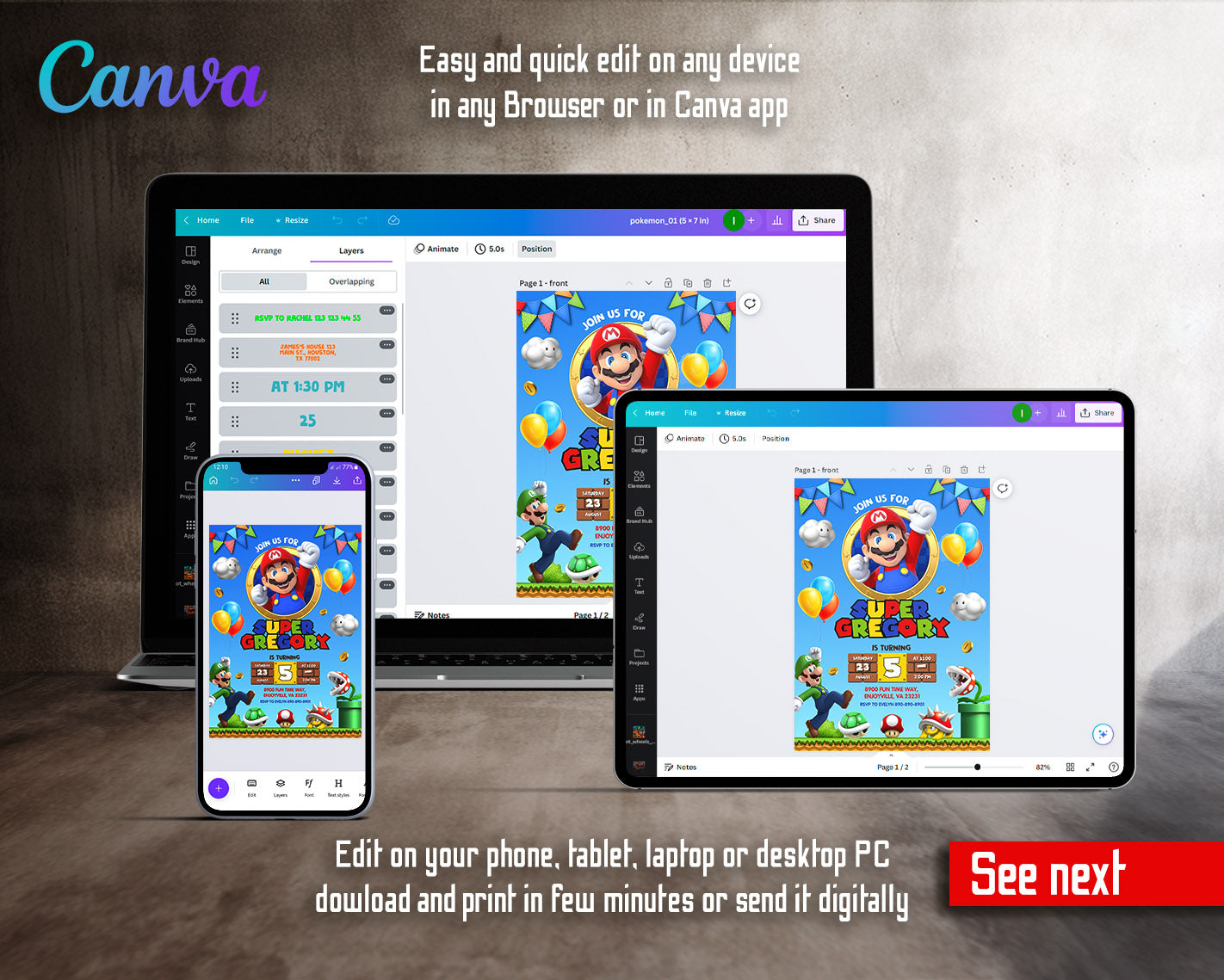 Super Mario Bros customizable invitation template | Share or Print | | RC025