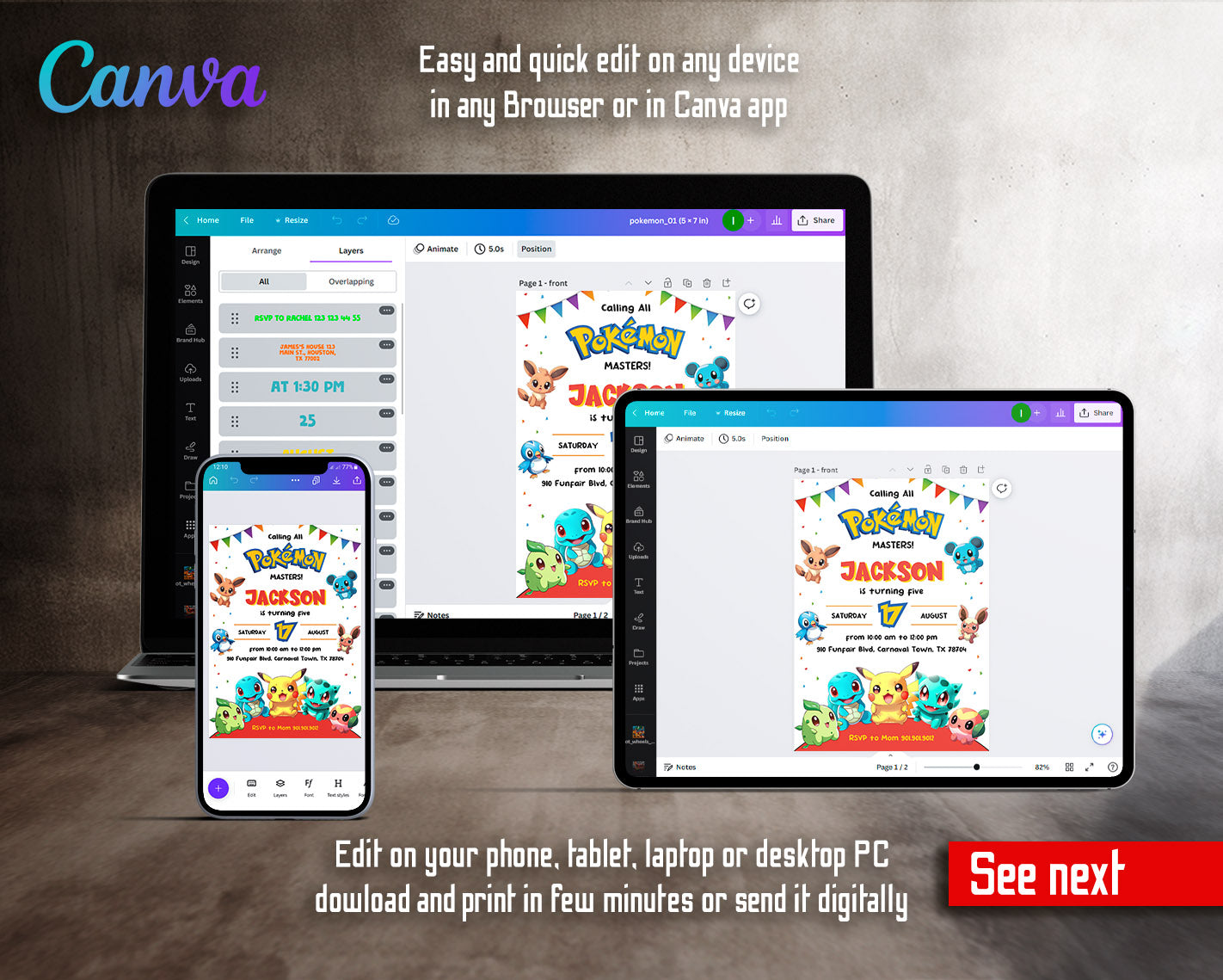 Pokemon Pikachu customizable invitation template | Share or Print | | QB224