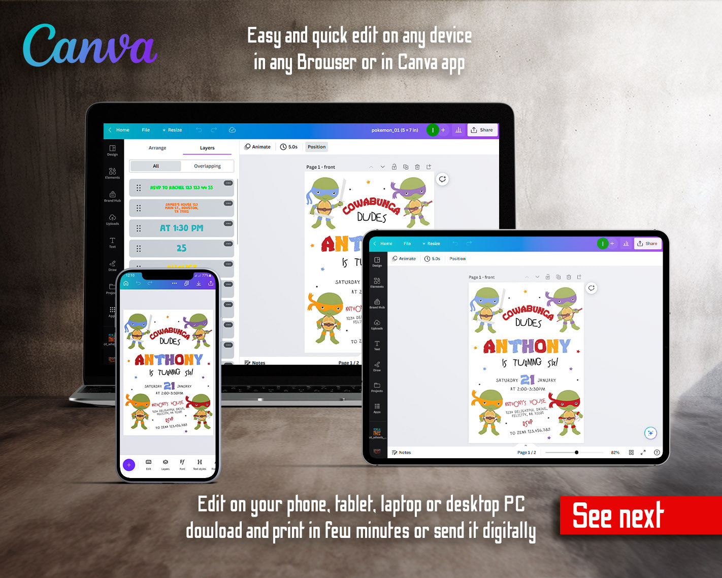Teenage Mutant Ninja Turtles customizable invitation template | Share or Print | boy | IY044