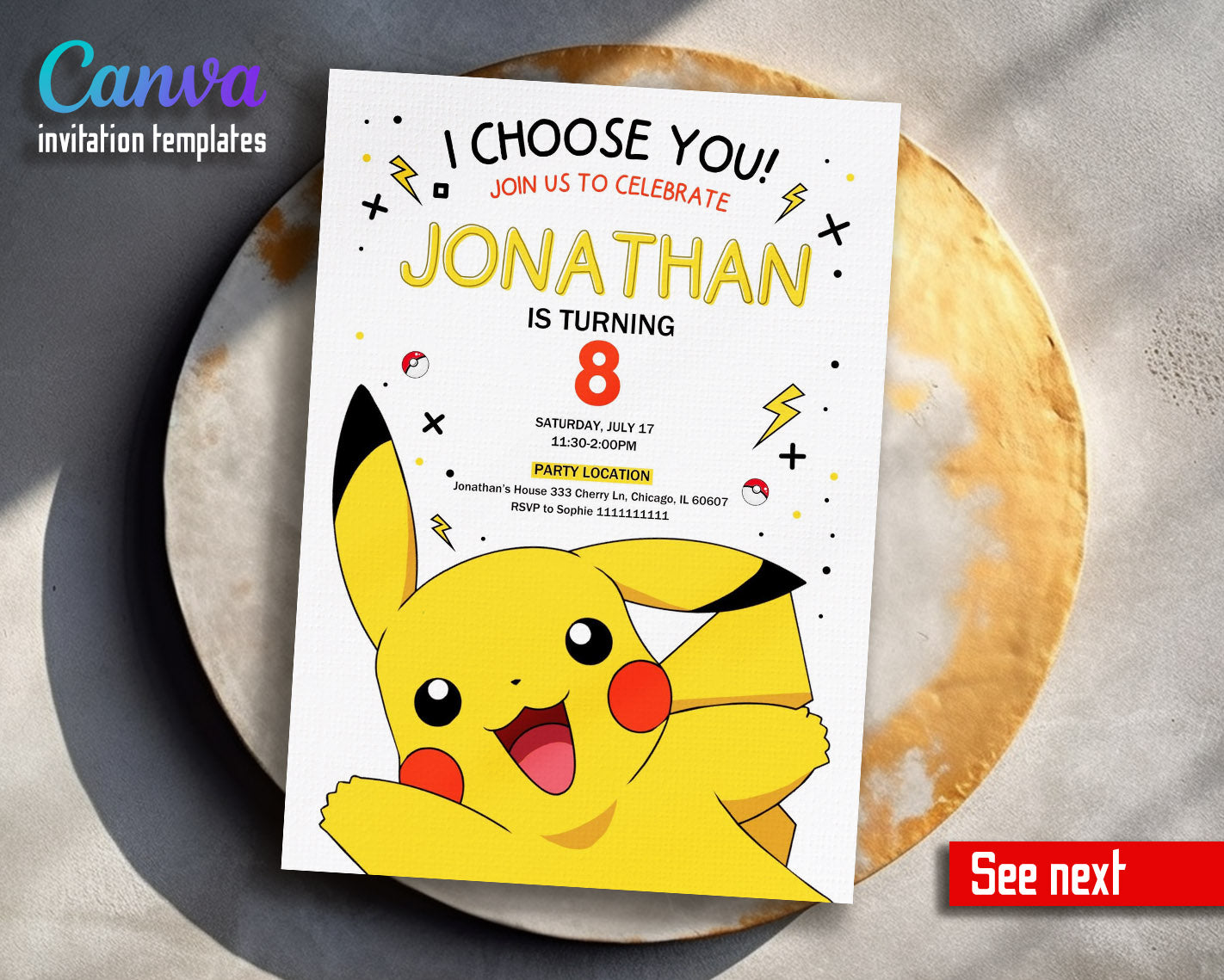 Pokemon Pikachu customizable invitation template | Share or Print | | QI435