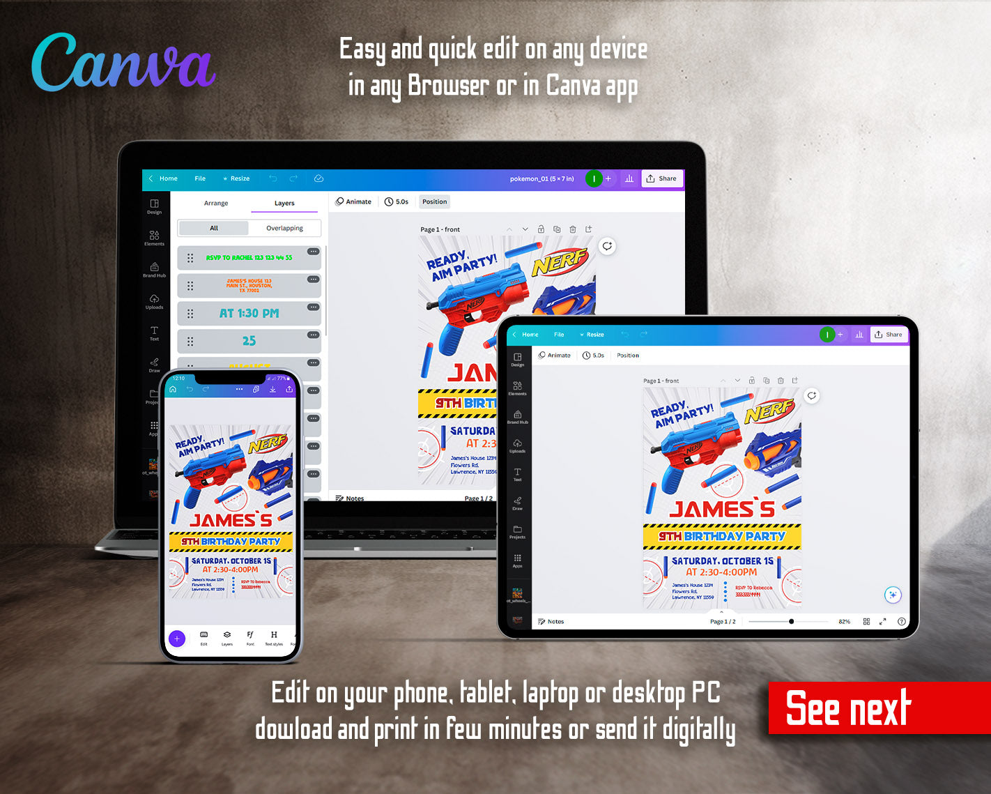NERF Dart Wars customizable invitation template | Share or Print | boy | CY332
