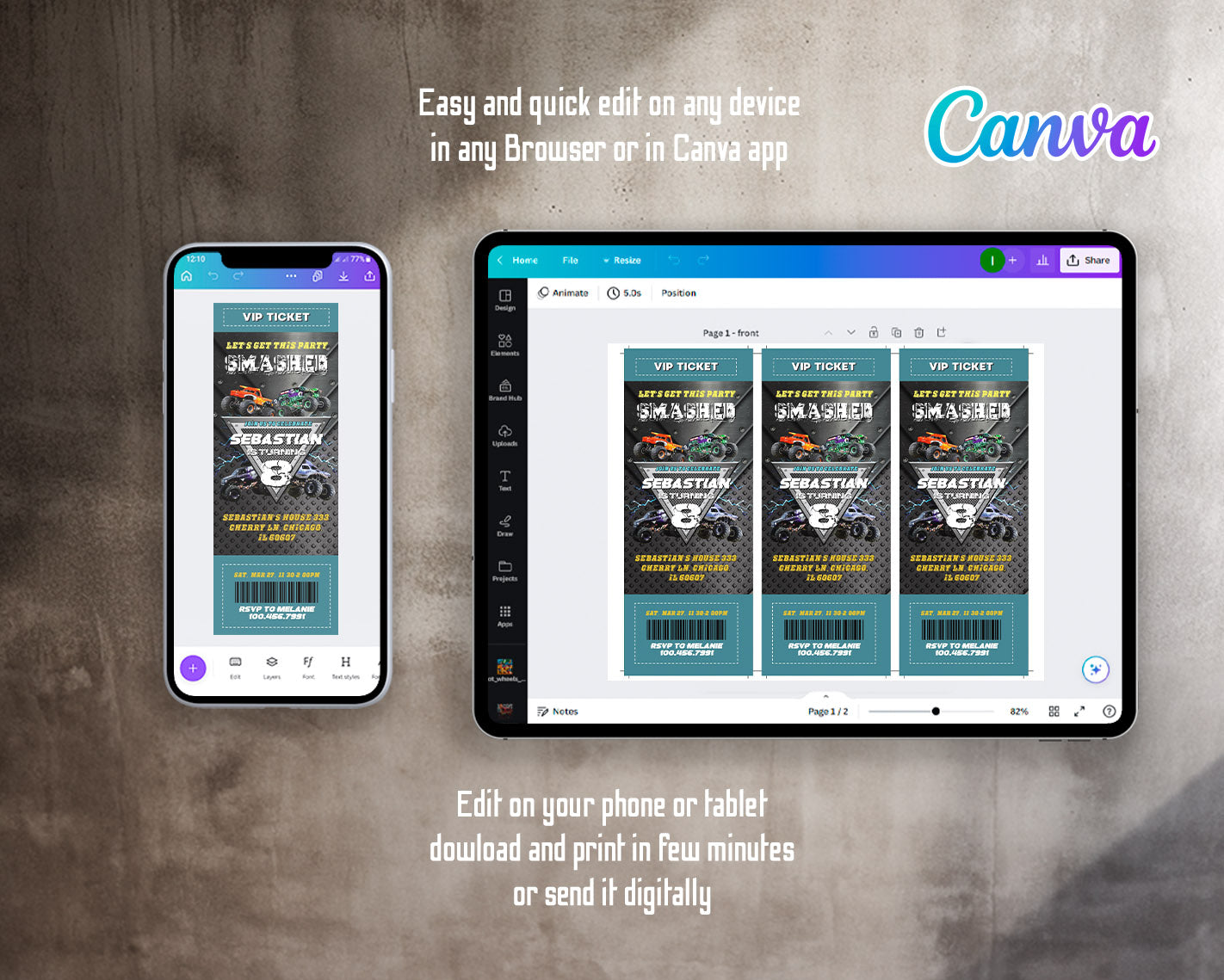 Monster Jam Monster Truck customizable invitation template | Share or Print | boy | AP698
