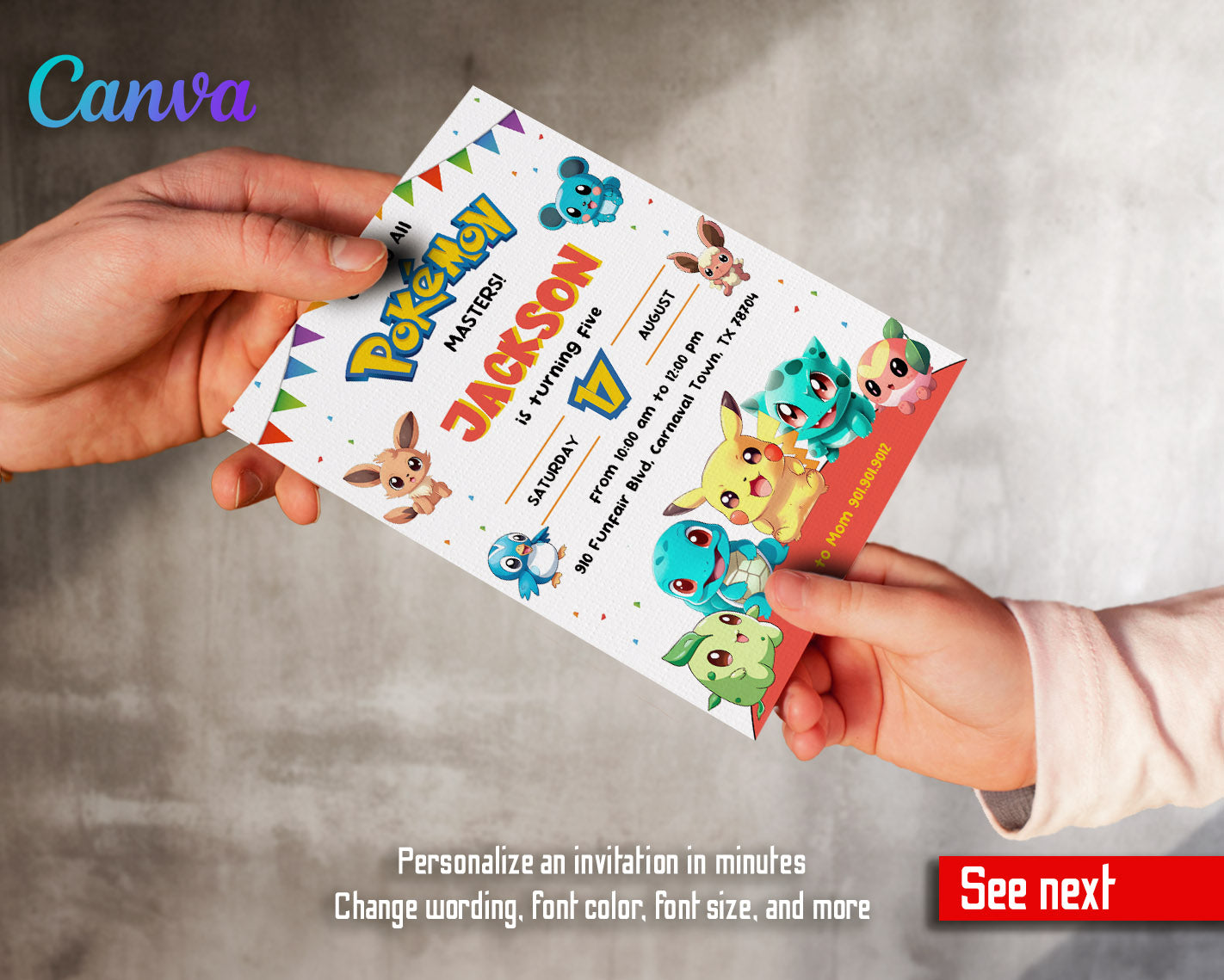 Pokemon Pikachu customizable invitation template | Share or Print | | QB224