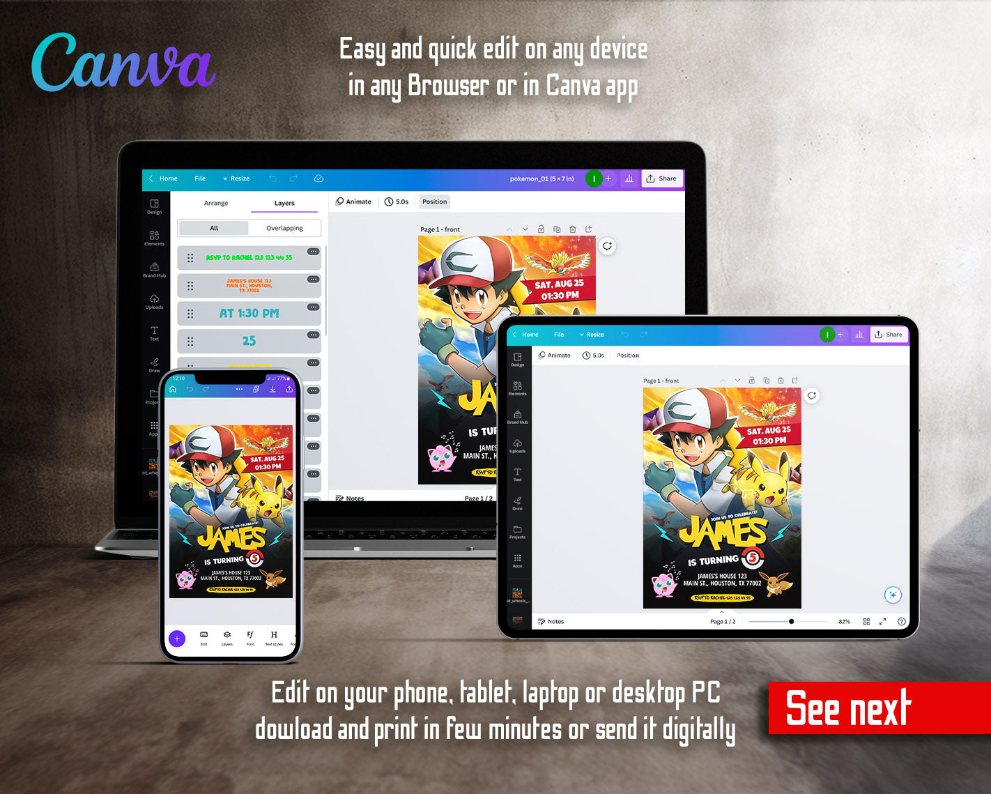 Pokemon Pikachu customizable invitation template | Share or Print | | XN614