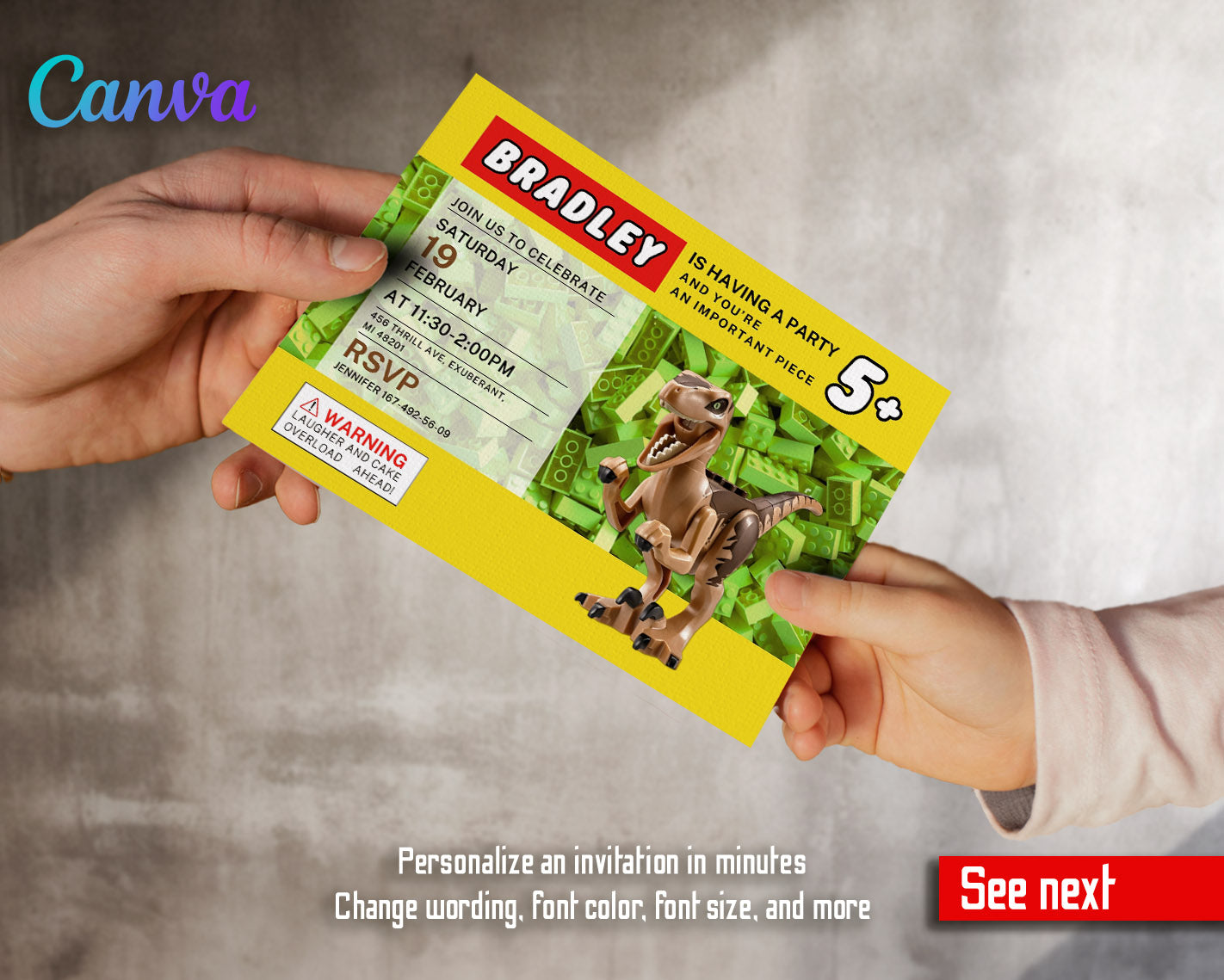 Lego Dinosaur T-Rex customizable invitation template | Share or Print | | YB680